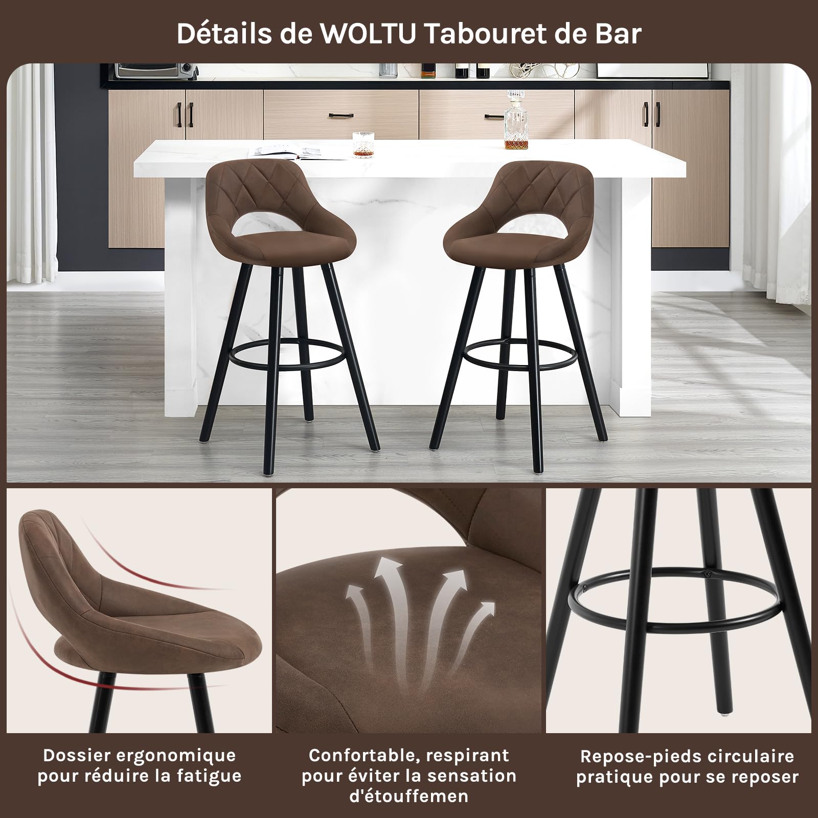 WOLTU Tabouret Bar, Lot de 2, Chaise Haute Bar, Tabouret Haut avec Dossier et Repose-Pieds, Cadre en Bois, Siège en Tissu Scientifique, Marron Foncé, BH291dbr-2
