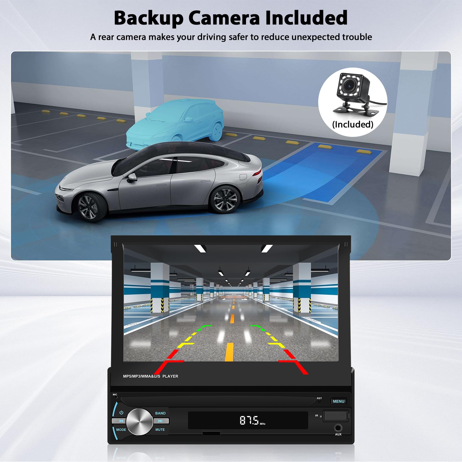 Radio samochodowe Inefala 1 Din z wysuwanym ekranem z bezprzewodowym Carplay Android Auto, 7-calowy samochodowy ekran dotykowy stereo obsługuje Bluetooth/Mirror Link/FM AM/USB/AUX/EQ z tylną kamerą