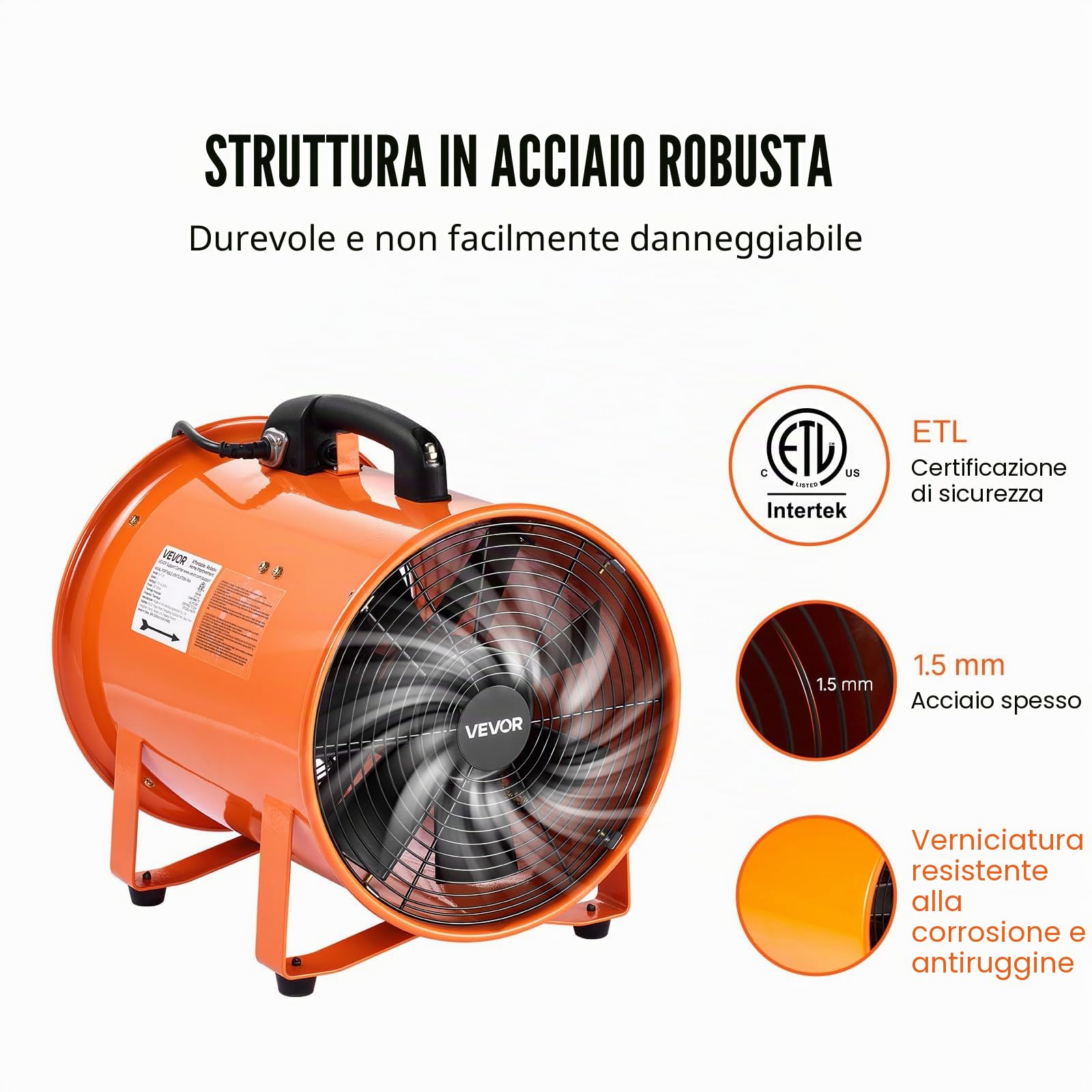 VEVOR Ventilatore Portatile, 365 W Estrattore d'Aria Aspiratore Industriale 304,8 mm Condotto Tubo Flessibile da 10 m Volume d'Aria 2574 CFM (4373 m3/h) 2 Marce per Aspirare Polvere Fumo 79 dB IP44