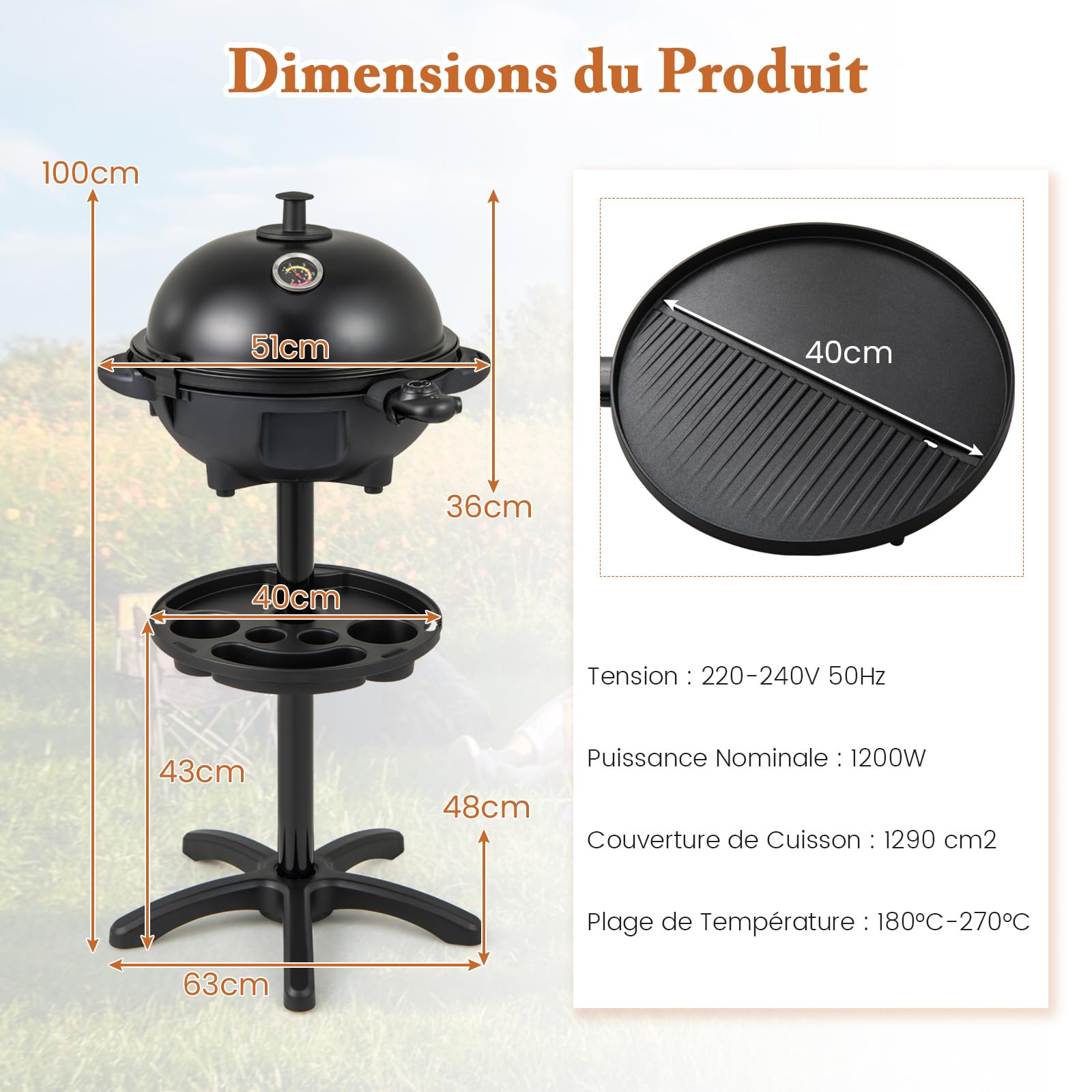 COSTWAY Barbecue Electrique Extérieur 1200 W, Plaque de Cuisson Antiadhésive à 2 Zones Température Réglable Support Amovible Etagère à Condiments, pour Balcon Terrasse Jardin