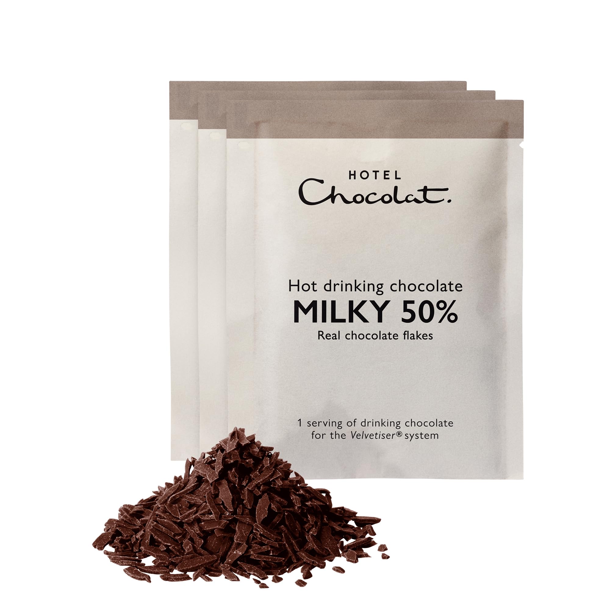 Hotel Chocolat Milky 50% Hot Chocolate Sachets - Luxury Chocolate Flakes - Pack of 20 Single-Serve Sachets, 700g - Made To Pair With The Velvetiser - Serve Hot or Iced