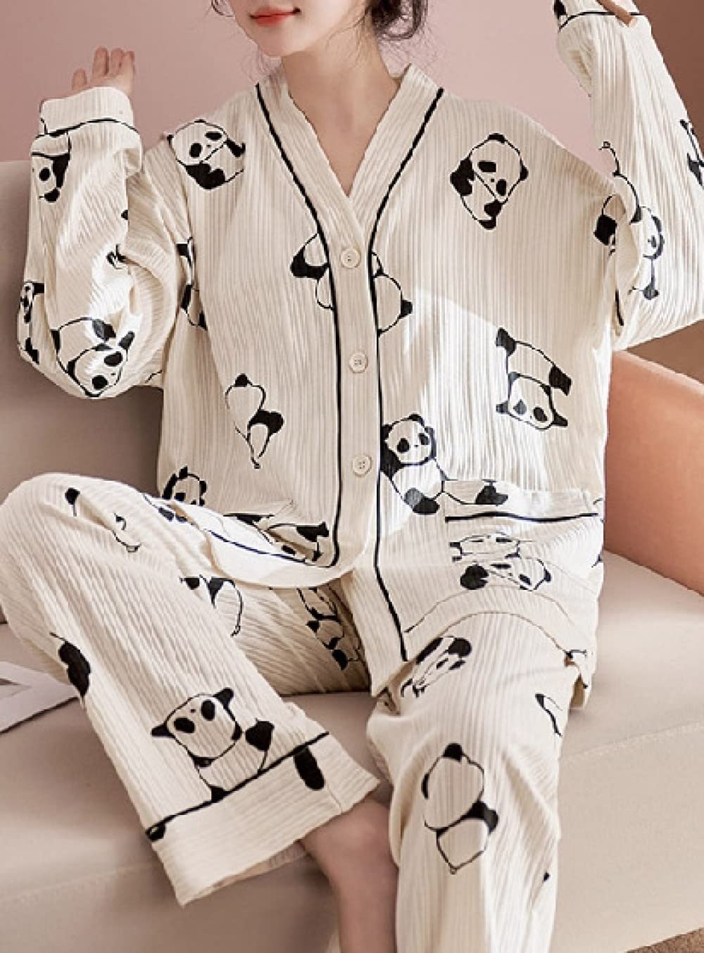 Ensembles De Pyjama Femme,Ensemble De Pyjama en Polyester pour Femmes À Col en V Imprimé Panda Pyjama À Manches Longues Simple Et Régulier pour Femmes Ensemble Deux Pièces Cadeau De Festival Ad