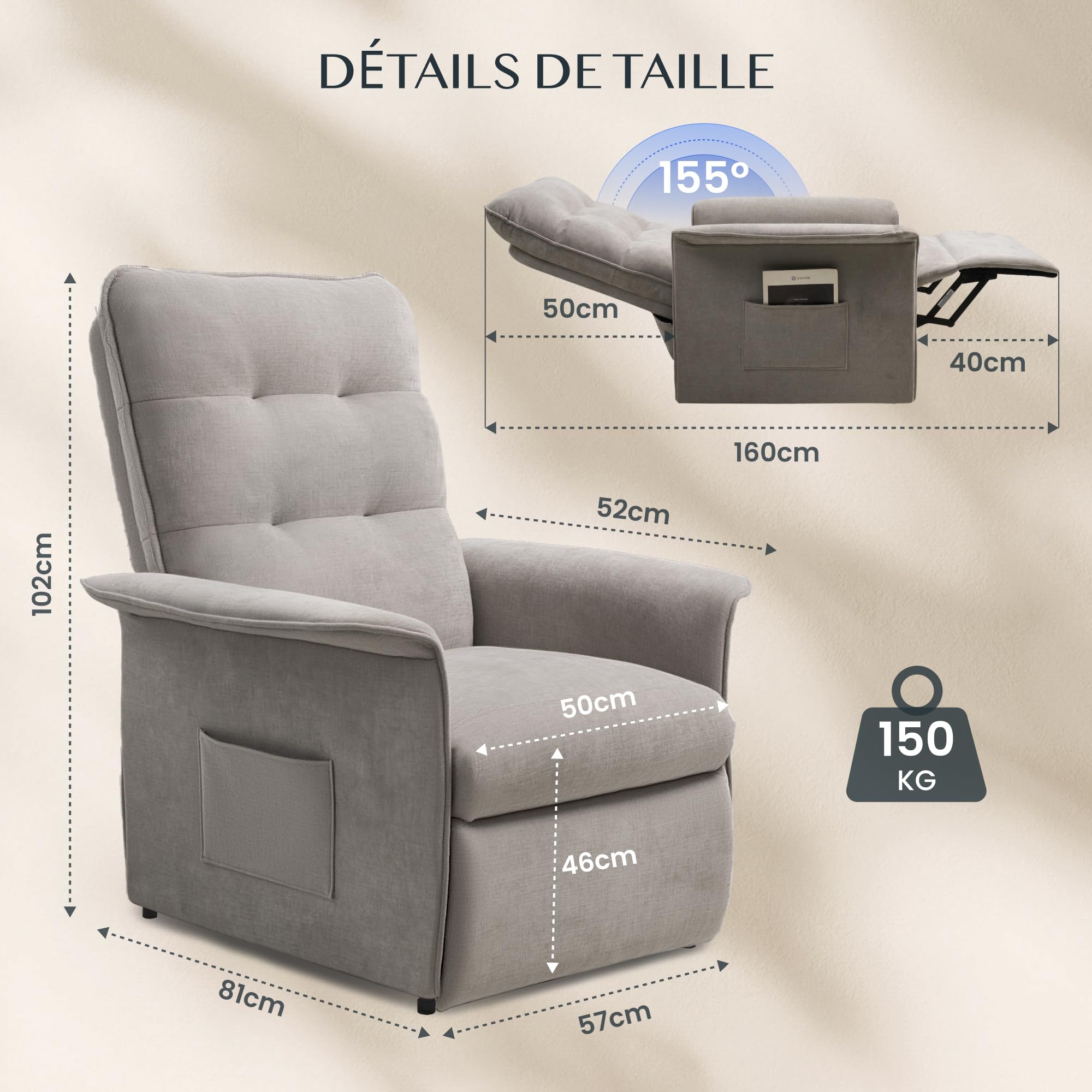 FLEXISPOT Fauteuil Relax Électrique Inclinable 105°-155°,Fauteuil TV Ergonomique avec Repose-Pieds Intégré,Mousse Haute Densité, Charge 150 kg,Gain de Place pour Salon,Chambre et Home Cinéma