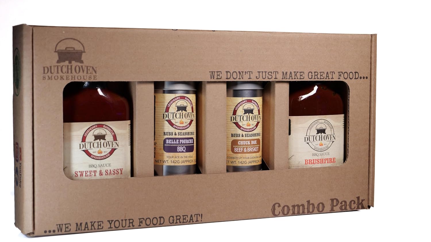 Dutch Oven Backyard BBQ Lovers Combo Gift Pack - Sweet & Sassy, Brushfire, Belle Fourche, Chuckbox Sweet, Spicy & Savory BBQ Flavors - Small-Batch Western Smokehouse - 2x2 Sauce & Rub Set