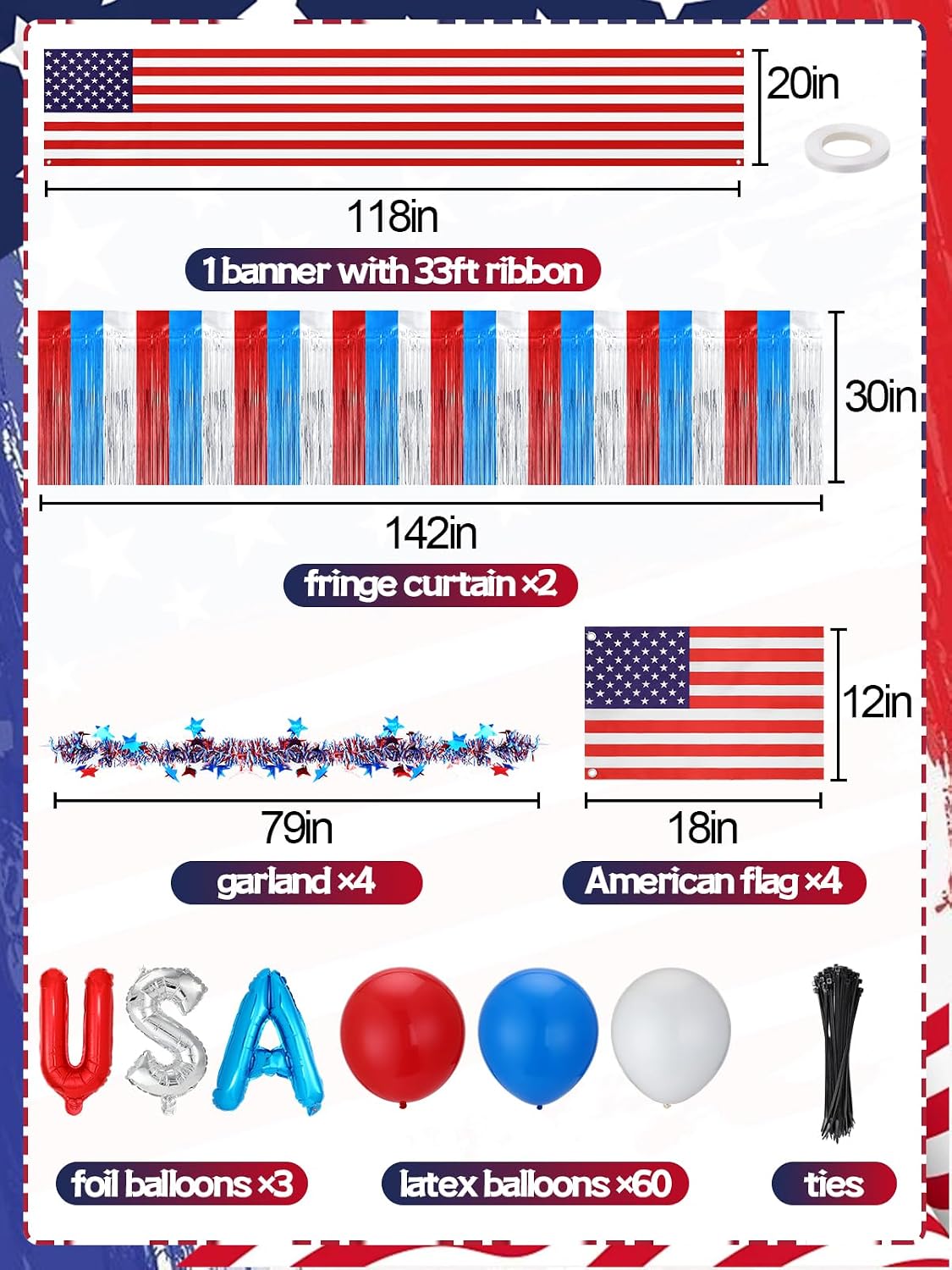 Acostop 74pcs 4th of July Decorations Set - American Flags & Banner & Latex Foil Balloons & Fringe Curtains & Garlands, Fourth of July Decor for Parade Float Boat Golf Cart Outdoor Porch Party