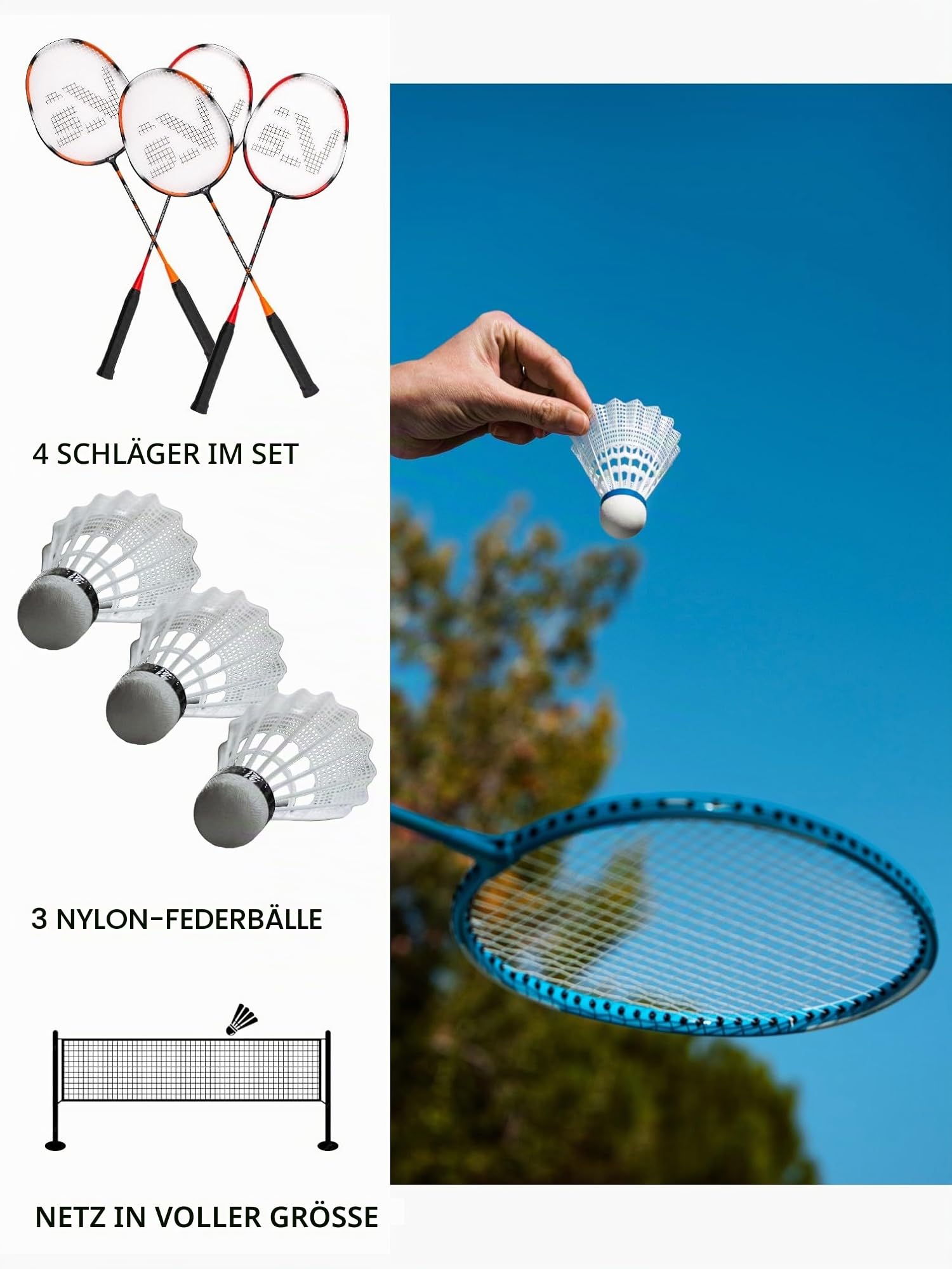 SportVida Badminton Set 2-4 Spieler, Badmintonset für die Familie zum Spielen und Trainieren (4 Spieler (Mit mesh))