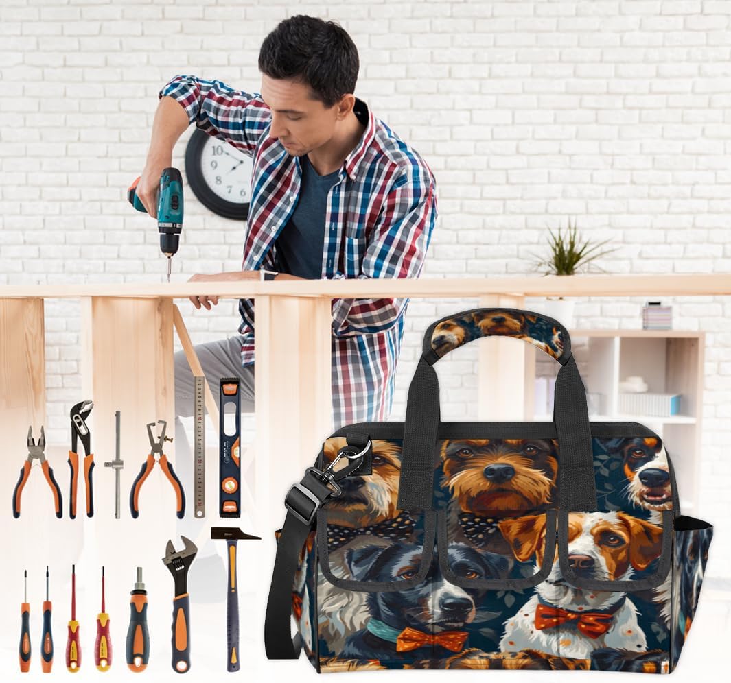 Funny Cute Cartoon Dog Tool Bag with Multi-Pockets Wide Mouth Tool Tote Bag for Women and Men Waterproof Tool Organizer Storage Bag with Adjustable Shoulder Strap and Ergonomic Handle
