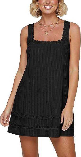 Women Sleeveless Square Neck Bobydoll Tank Mini Dress Sundress Flowy Swing A Line Dress Going Out Dresses