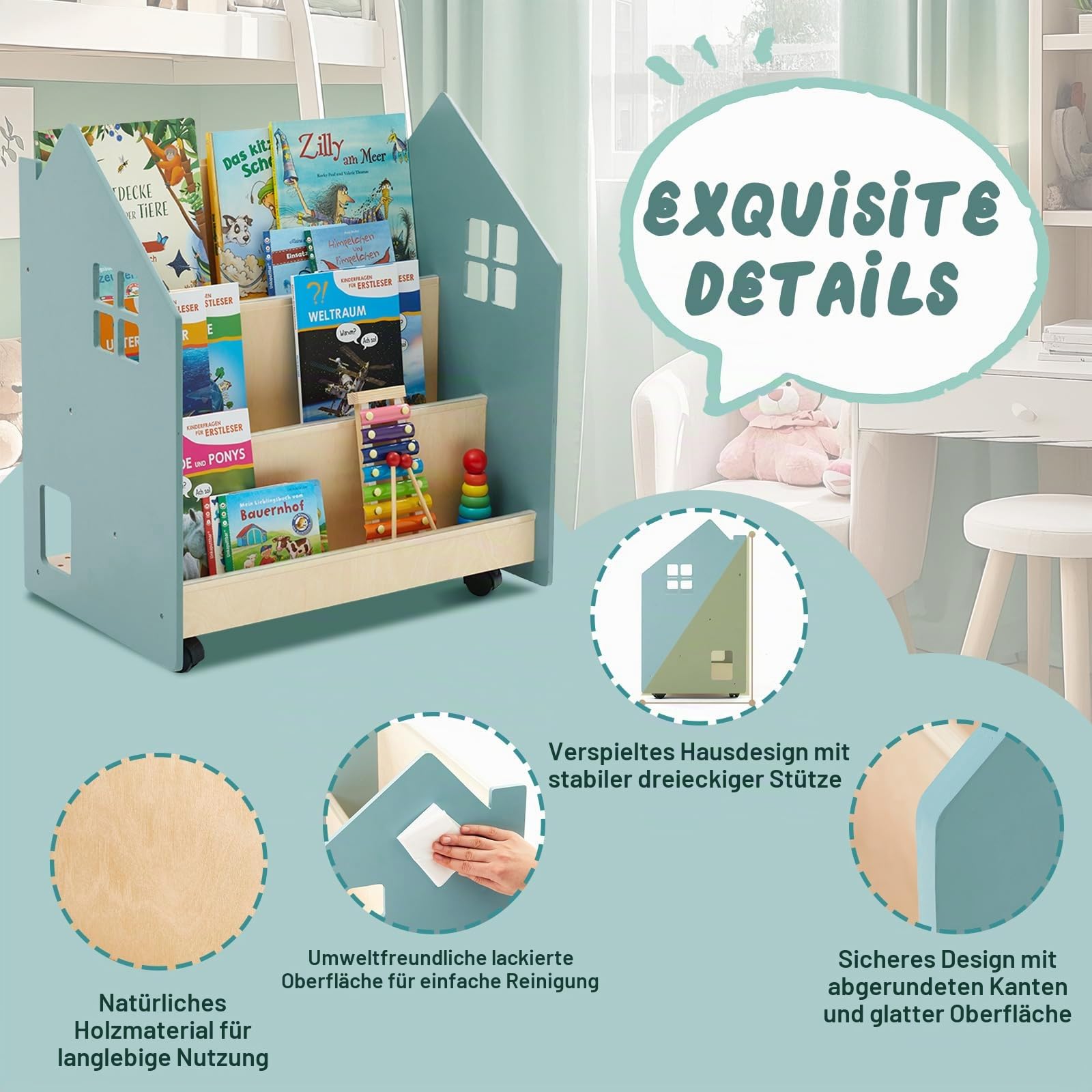 Bücherregal Kinder mit Tafel & Rollen, Montessori Kinderregal Kinderbücherregal mit 3 Fächern, Spielzeug Aufbewahrung Bücher Regal Kinderzimmer, Spielzeugregal Aufbewahrungsregal aus Holz