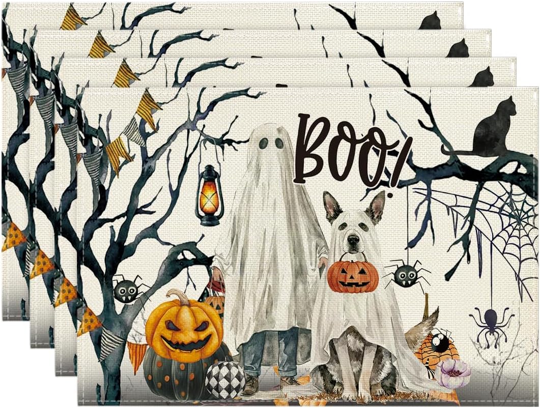 Artoid Mode Ghost Pumpkins Tree Dog Boo Halloween Placemats Set of 4, 12x18 Inch Seasonal Fall Holiday Table Mats for Party Kitchen Dining Decoration