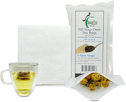 200 Empty Tea Bags 2.5 x 2.75 White Compostable, These Heat Sealable Tea Infuser for Loose Tea Herbs are Disposable Tea Strainer Bags made of Wood pulp Fibers
