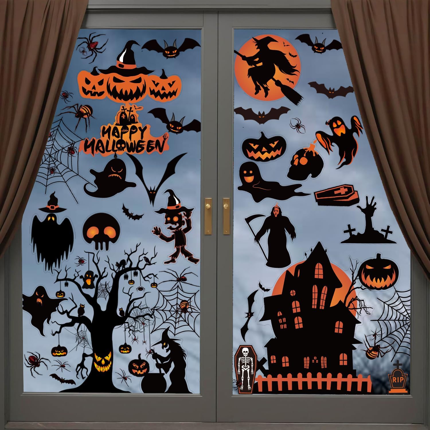 Halloween Decorations | 8 Sheet Halloween Window Stickers Clings Decals | 98 pcs Double Sided Reuseable Bats Spider Ghost Pumpkin Halloween Party |