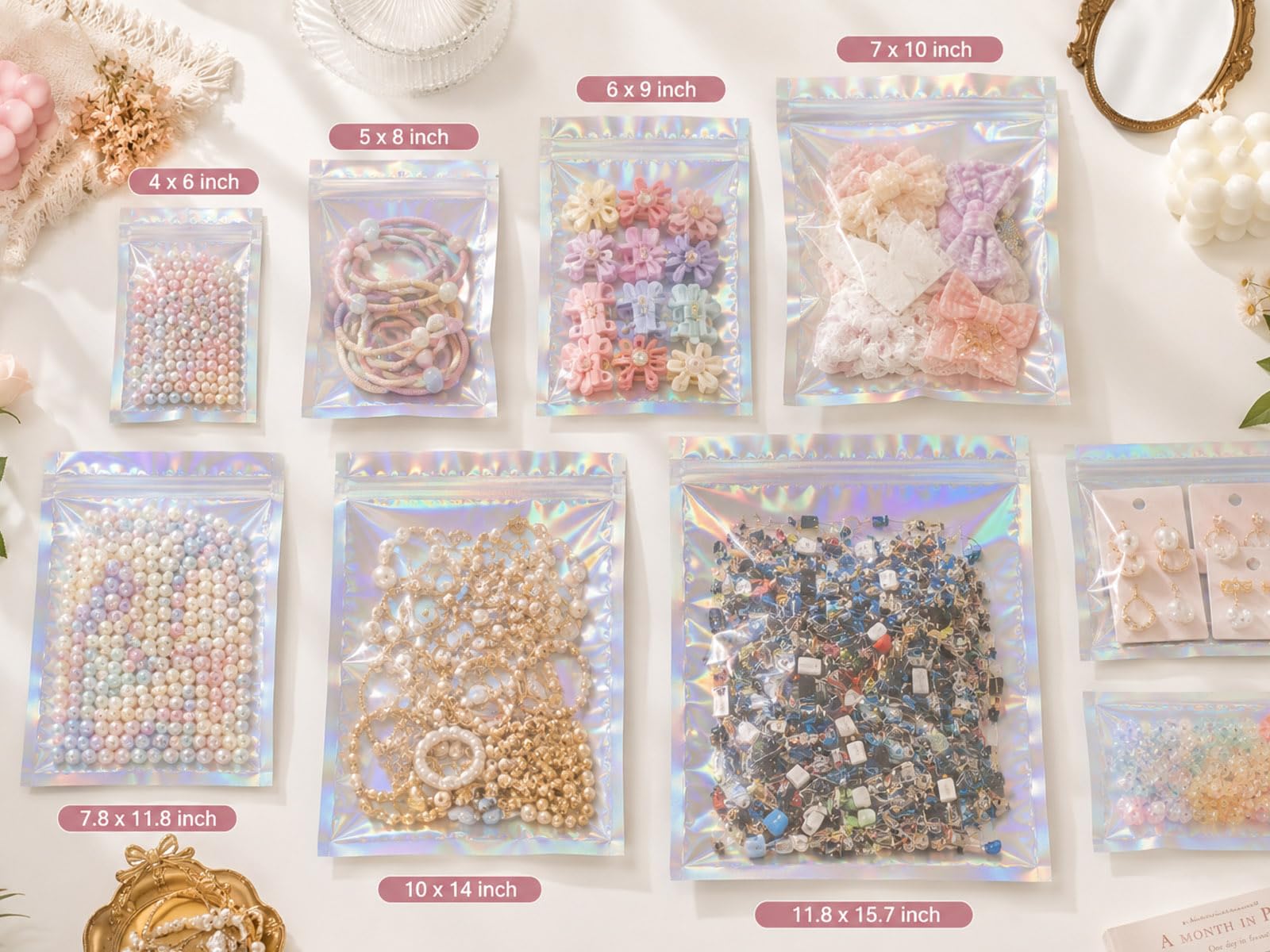 Confezione da 200 sacchetti in Mylar olografico da 17,8 x 25,4 cm, con finestra trasparente, richiudibili, per la conservazione degli alimenti, grandi e a prova di odore, per biscotti, gioielli e