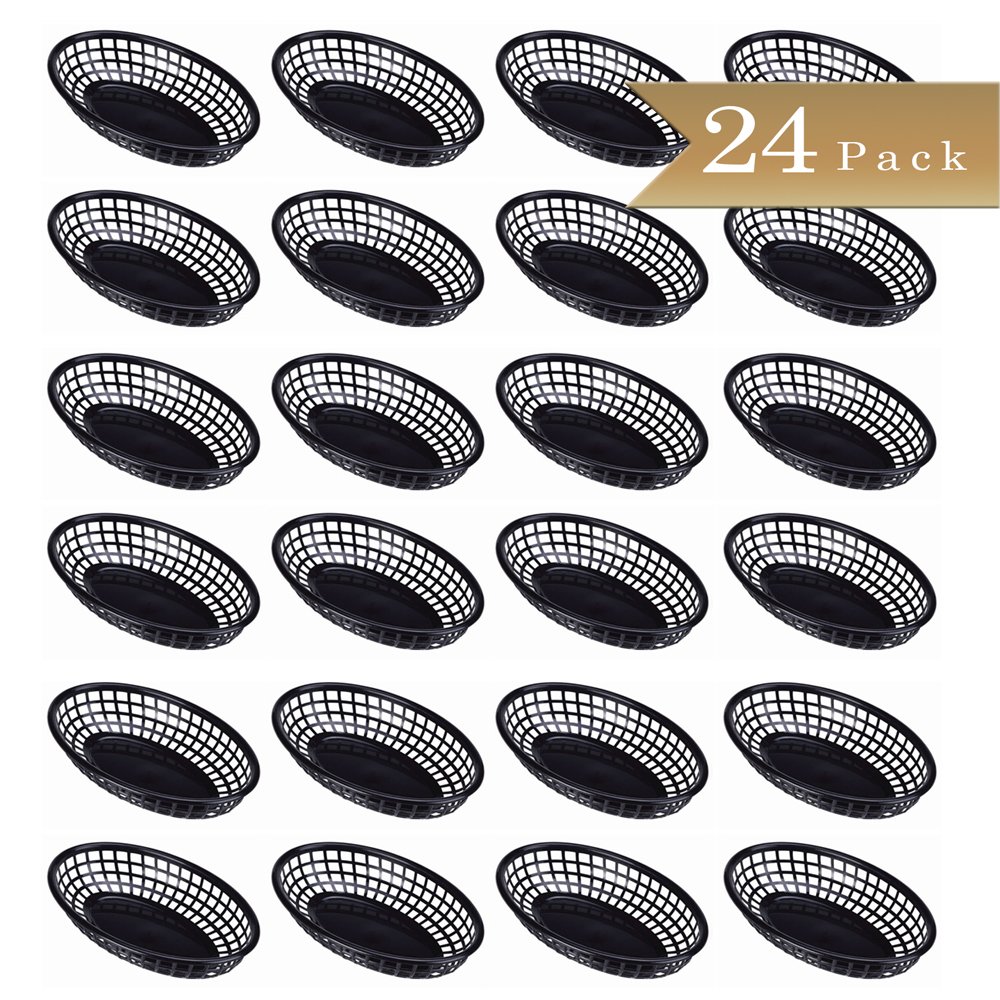 Pack of 24 - TrueCraftware Black Plastic Oval Fast Food Baskets - 9 1/4