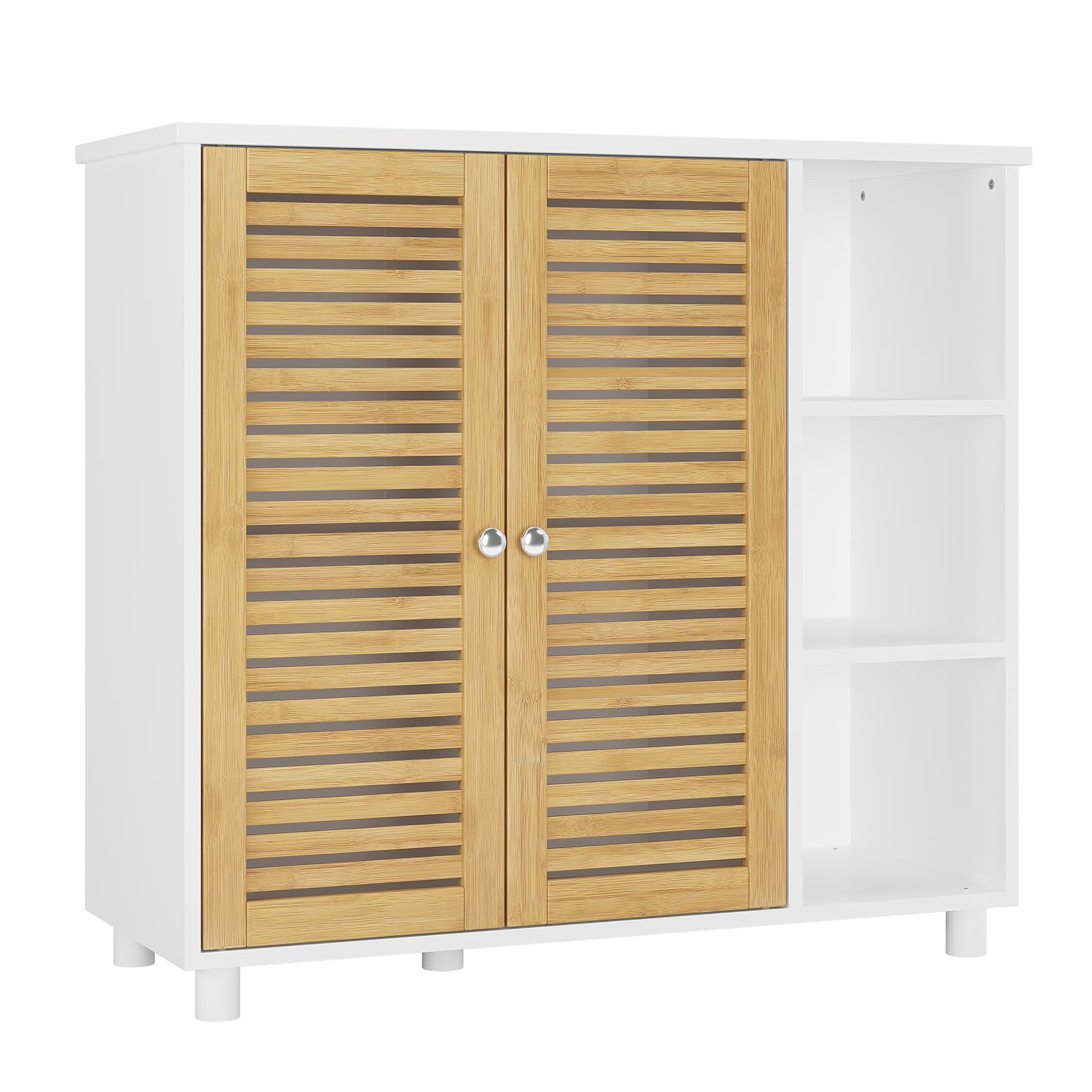 Meuble de Salle de Bain, Commode, Meuble Rangement Salle de Bain avec 3 Étagères Ouvertes et 2 Portes en Bambou, Armoire Gain de Place pour Salle de Bains, Cuisine, Salon, 77 × 30 × 80CM