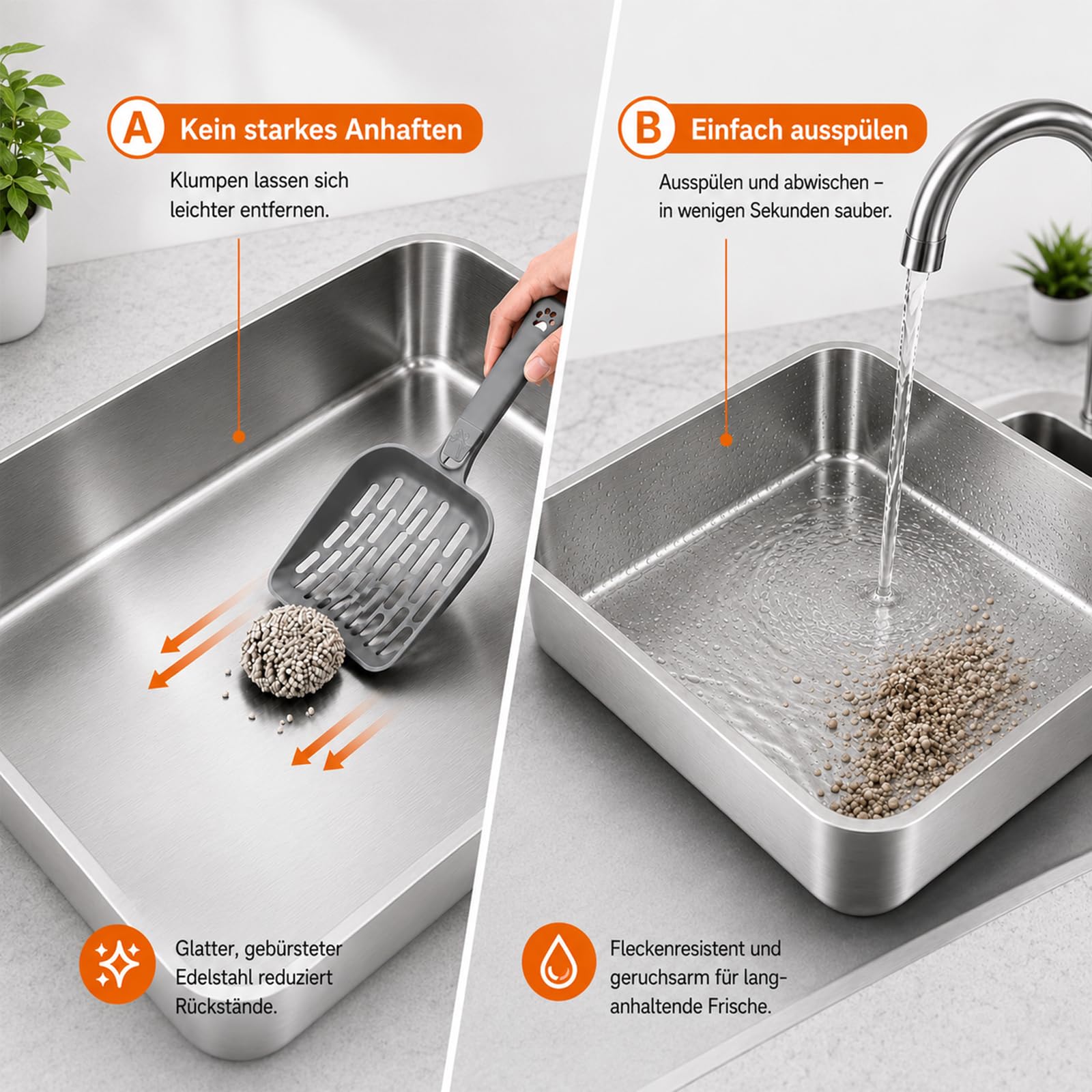 Premium XXXL Katzenklo Edelstahl, 70x50x20 cm Groß Katzentoilette mit Hohen Rand, Rostfrei, Antihaftbeschichtet, Leicht zu Reinigen, mit Schaufel für Große Katzen & Mehrkatzenhaushalte