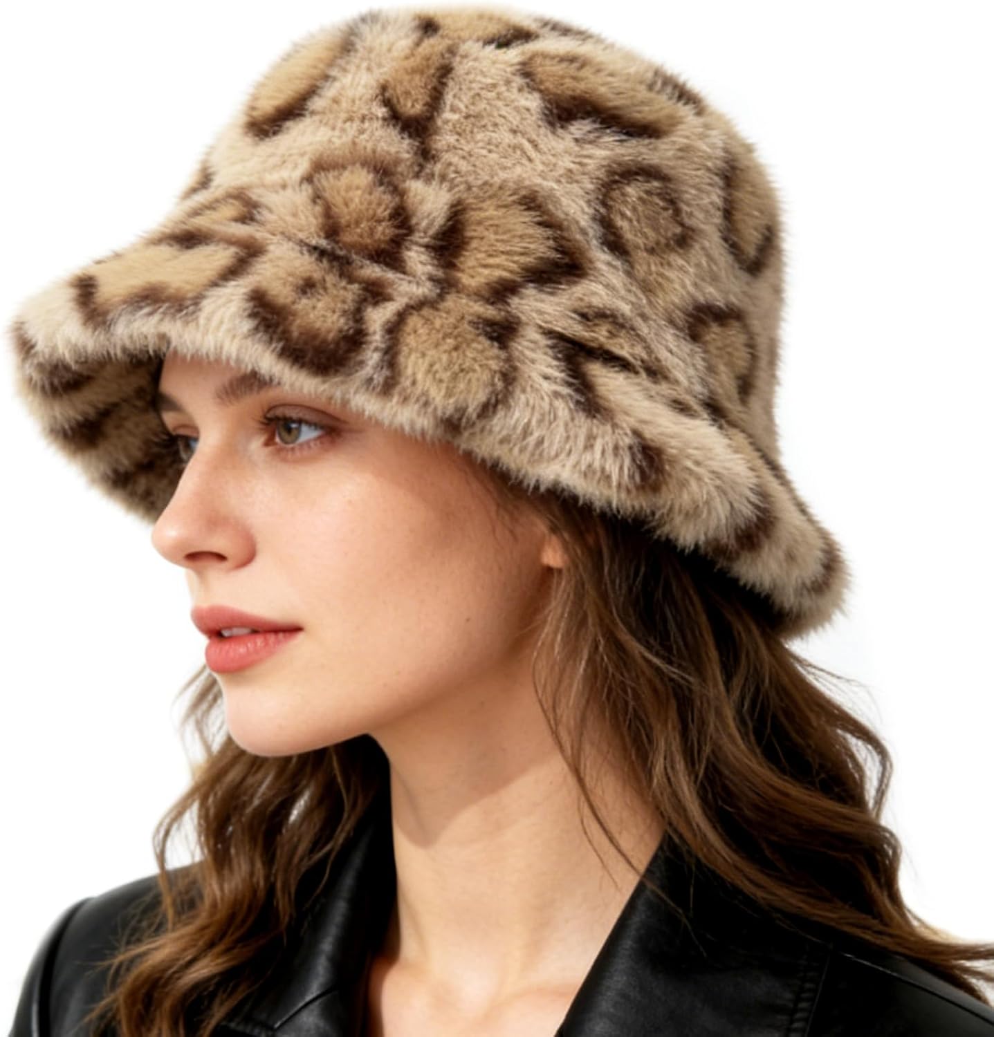 Faux Fur Fuzzy Winter Hats for Women, Warm Furry Brown Leopard Cheetah Bucket Hats for Men Women, Soft Cozy Winter Hat