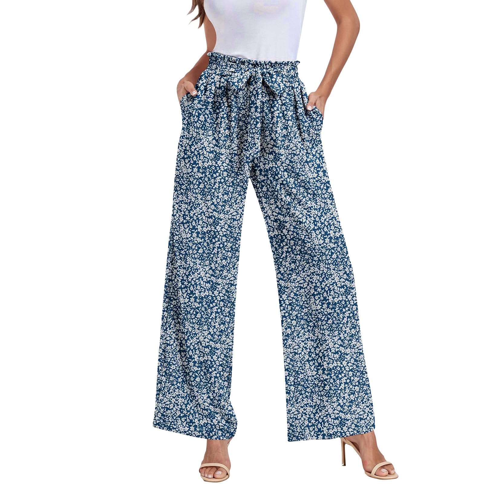 Generisch Weite Hose Damen Sommer Hosen High Waist Weites Bein Sommerhose Damen Leicht Lang Palazzo Hose Elegant Sommerhosen Frauen Leicht Und Luftig Gemustert Marlenehose Mit Gummizug Und Taschen