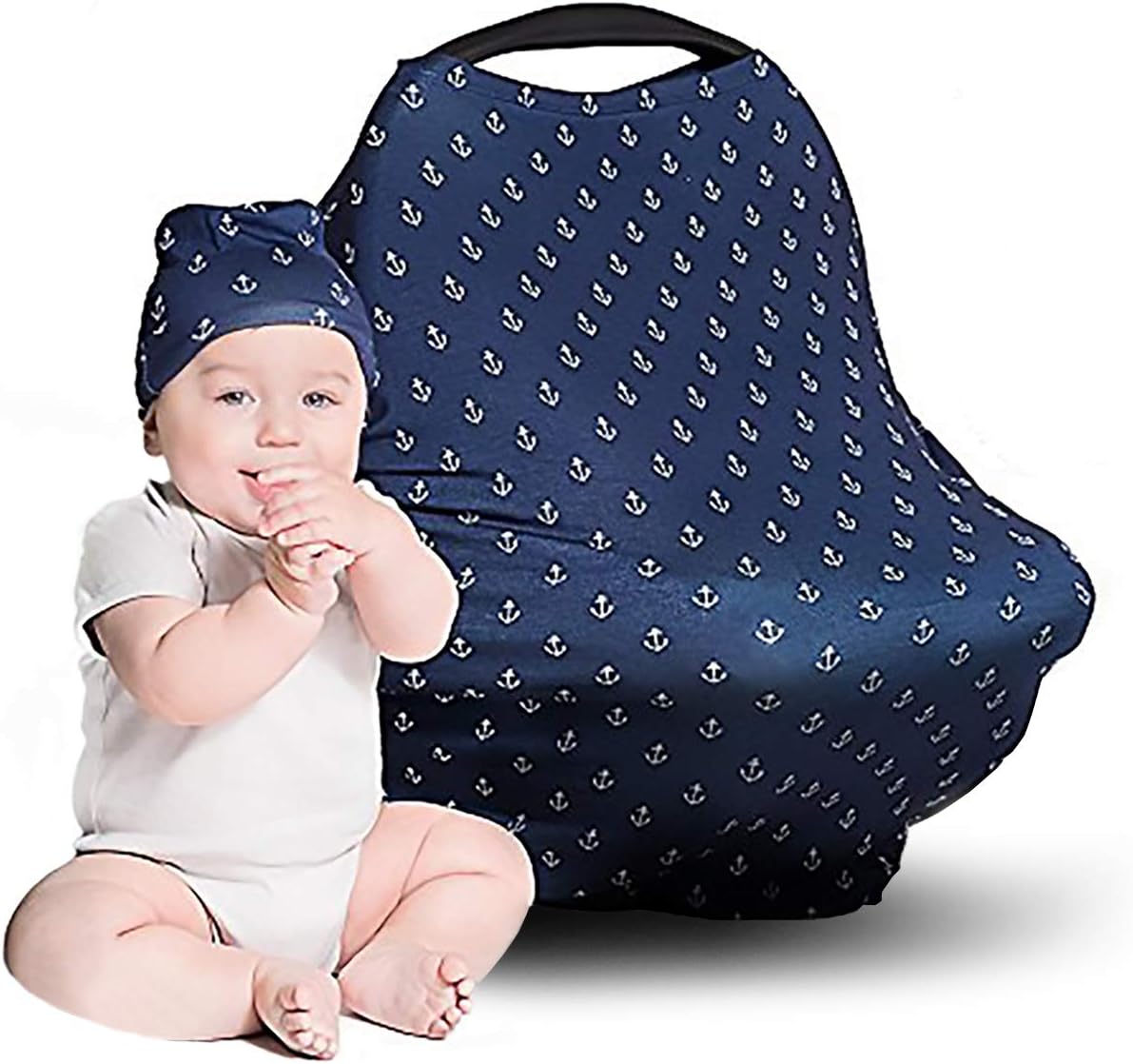 Car Seat Covers for Babies - Stretchy, Lightweight, and Extra Soft Nursing Cover - Multiuse - Covers Carseat, High Chairs, Shopping Carts - Bonus Infant Baby Beanie and Bag (Anchors on Blue)