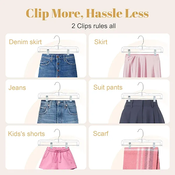 HOUSE DAY 12 Pack 14 inch Clear Plastic Skirt Hangers with Adjustable Clips, Pants Hangers 360-Rotating Swivel Hook, Clip Hangers for Pants, Trousers, Skirts, Jeans, Bulk Plastic Hangers