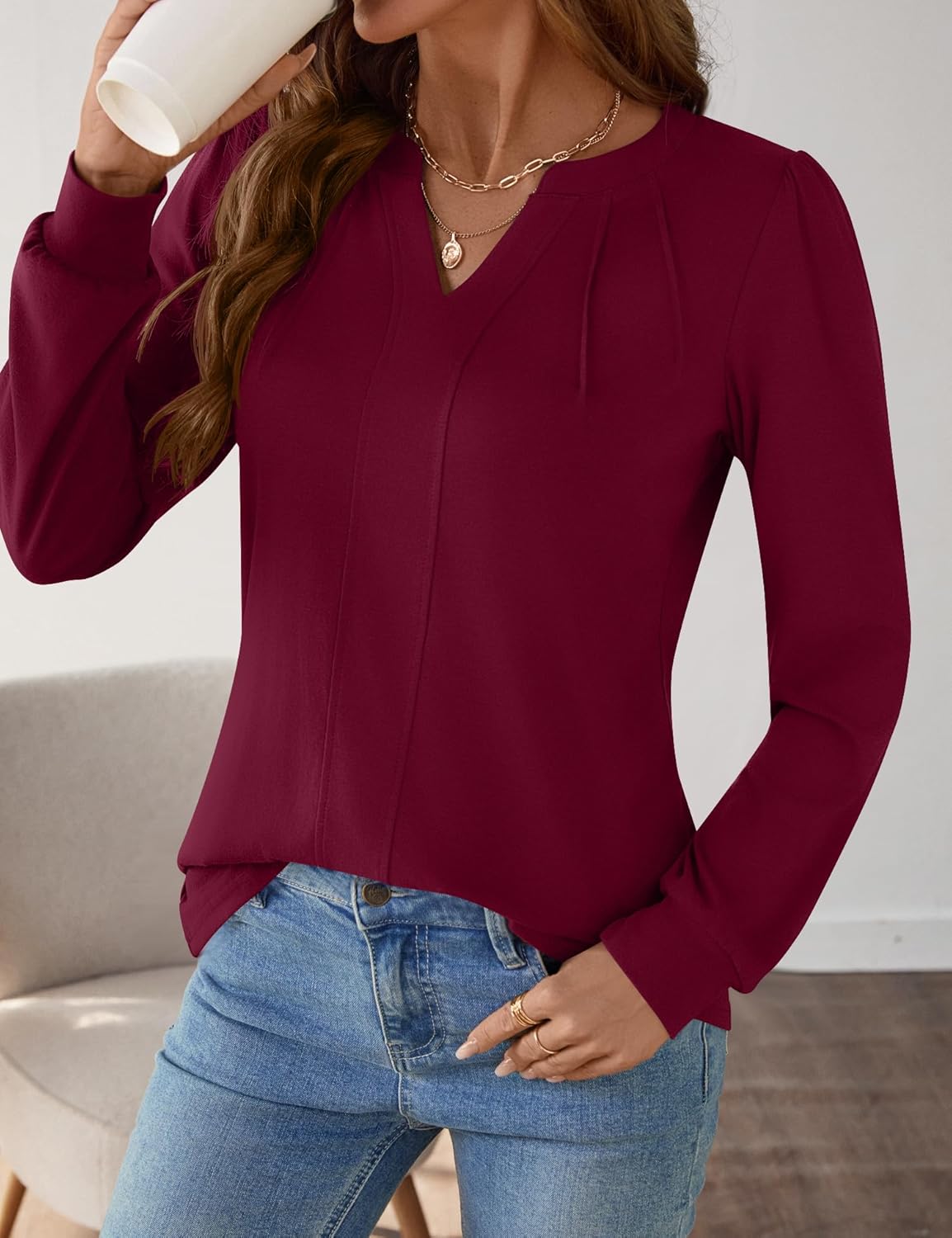 AKEWEI Womens Long Sleeve V Neck Shirts Pleated Business Casual Blouses Fall Loose Tunic Tops - Image 2