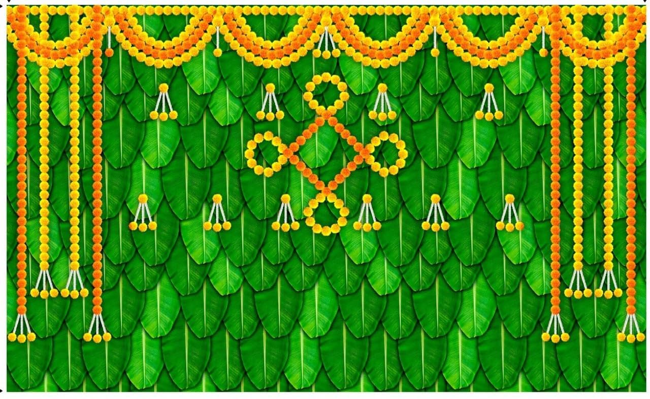 Banana Leaves with Flower Back Drop Curtain for Banana Leaf Backdrop Decoration Cloth for Wedding Haldi House Hold Ceremany Functions 8X5-picture-24