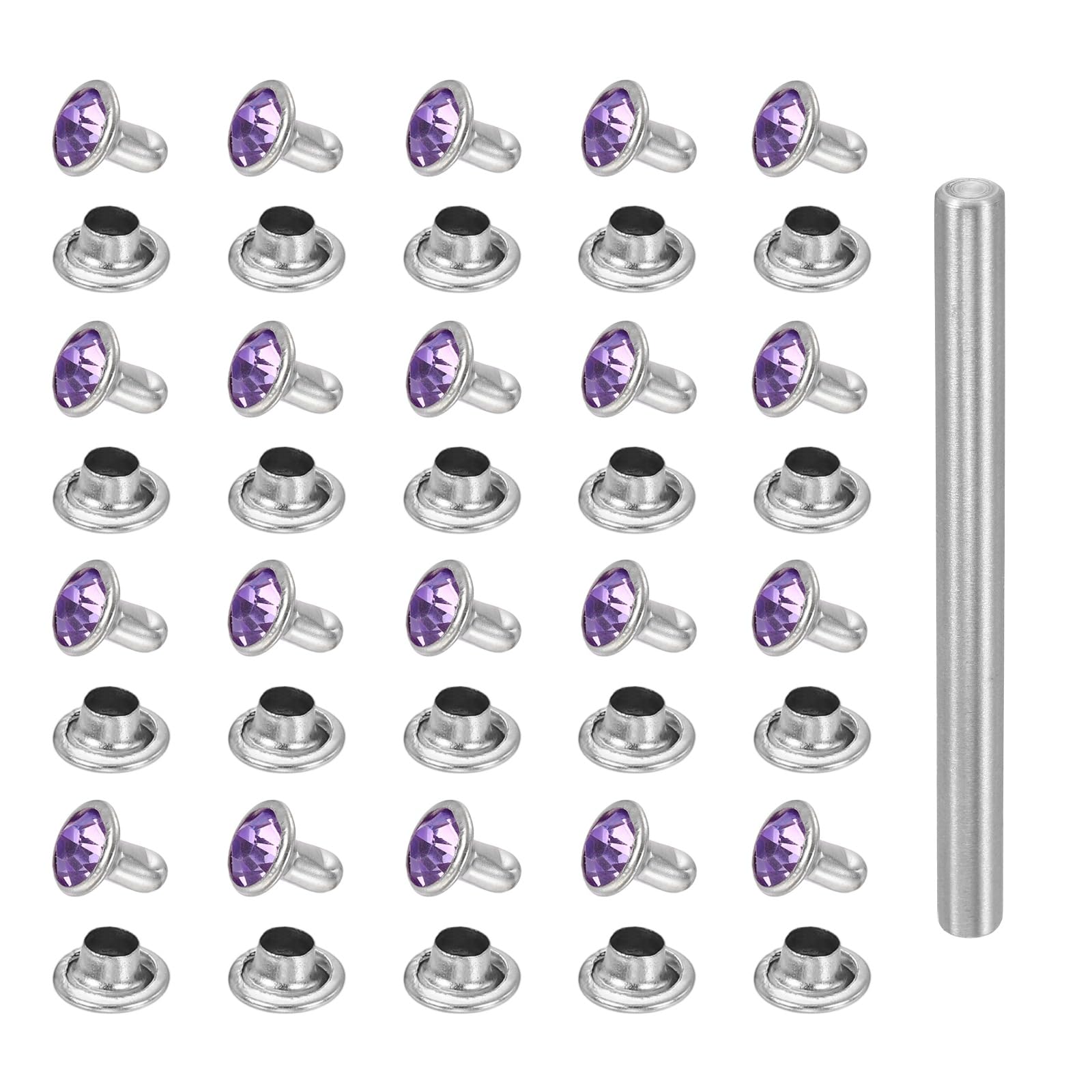 sourcing map 100pcs Crystal Rivets 6mm Rhinestone Rapid Stud Rivets with Steel Installation Tool for Clothing Leather Fabric Arts Decoration Leathercraft DIY, Silver Purple โ image 1