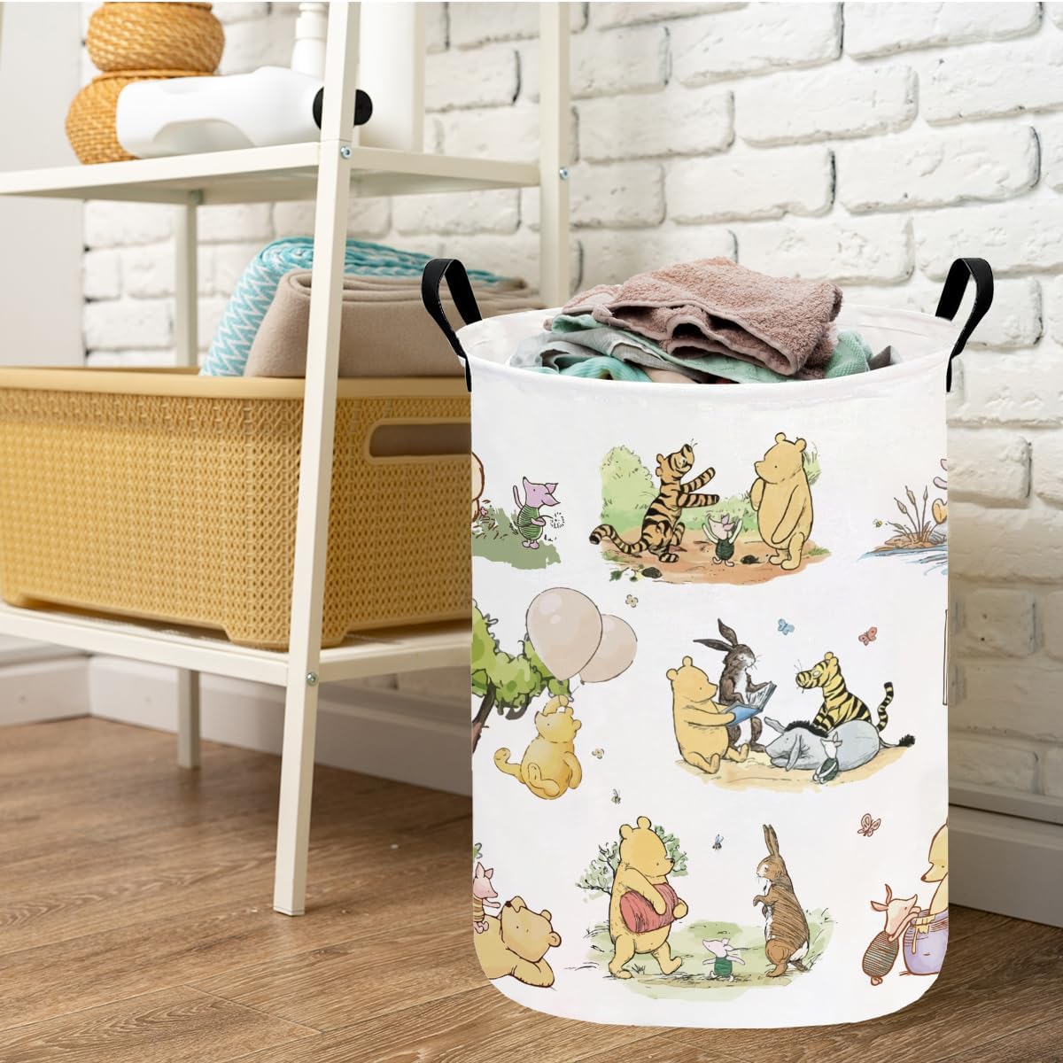 Greatingreat Winnie Baby Laundry Basket, Foldable Small Hamper with Canvas & PE Coating, Collapsible Portable Clothes Organizer for Nursery, Home, Bedroom Storage (White)