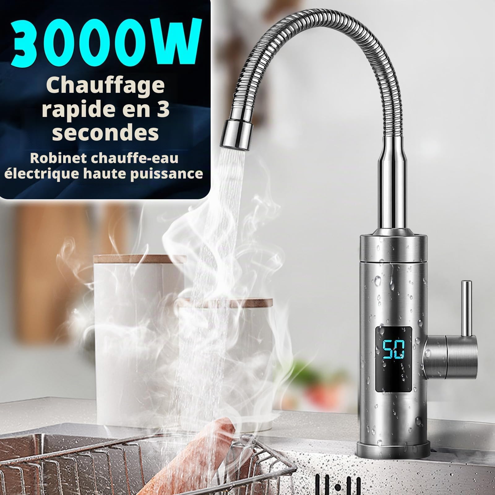 Robinet avec Chauffe-eau Instantané, 3000W Inoxydable Chauffe-eau Electrique, 360° Affichage de la Température LED, Chauffe-eau pour Cuisine et Salle de Bain pour Caravane de Jardin Potager, Max. 60℃