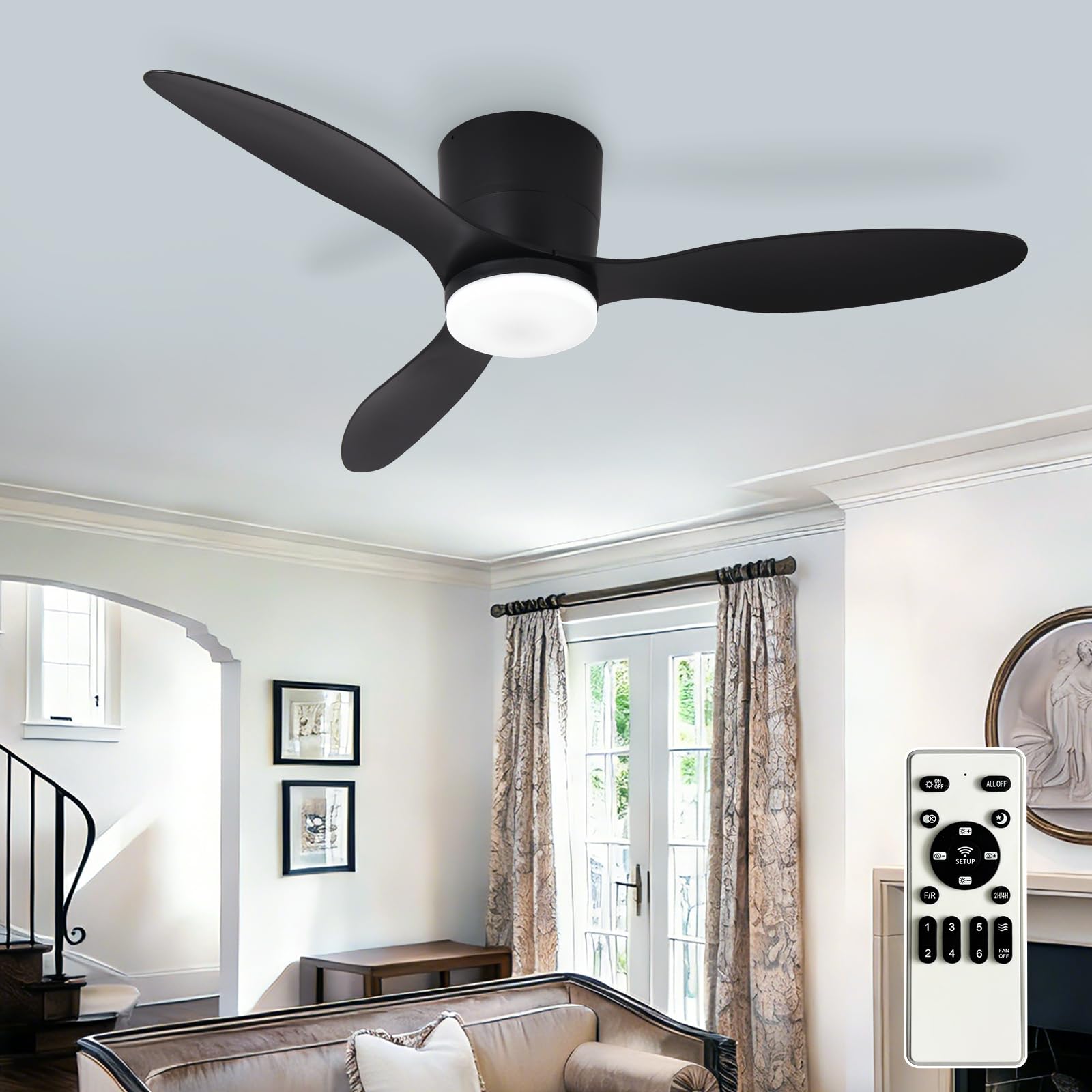 Depuley Flush Mount Ceiling Fan: 42-Inch Black Ceiling Fans with Lights for Bedroom Indoor Outdoor - Low Profile Ceiling Fans with Remote Control 24W 3CCT Dimmable 3 Reversible Black Blades 6 Speeds