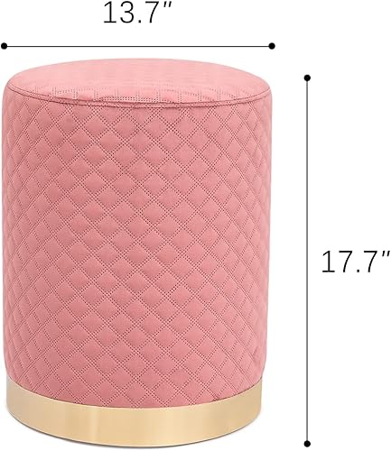 Miniatura 3 de Homebeez Taburete otomano redondo de terciopelo rosa de 13.7 pulgadas de ancho con ribete dorado, taburete acolchado suave y compacto, diseño de