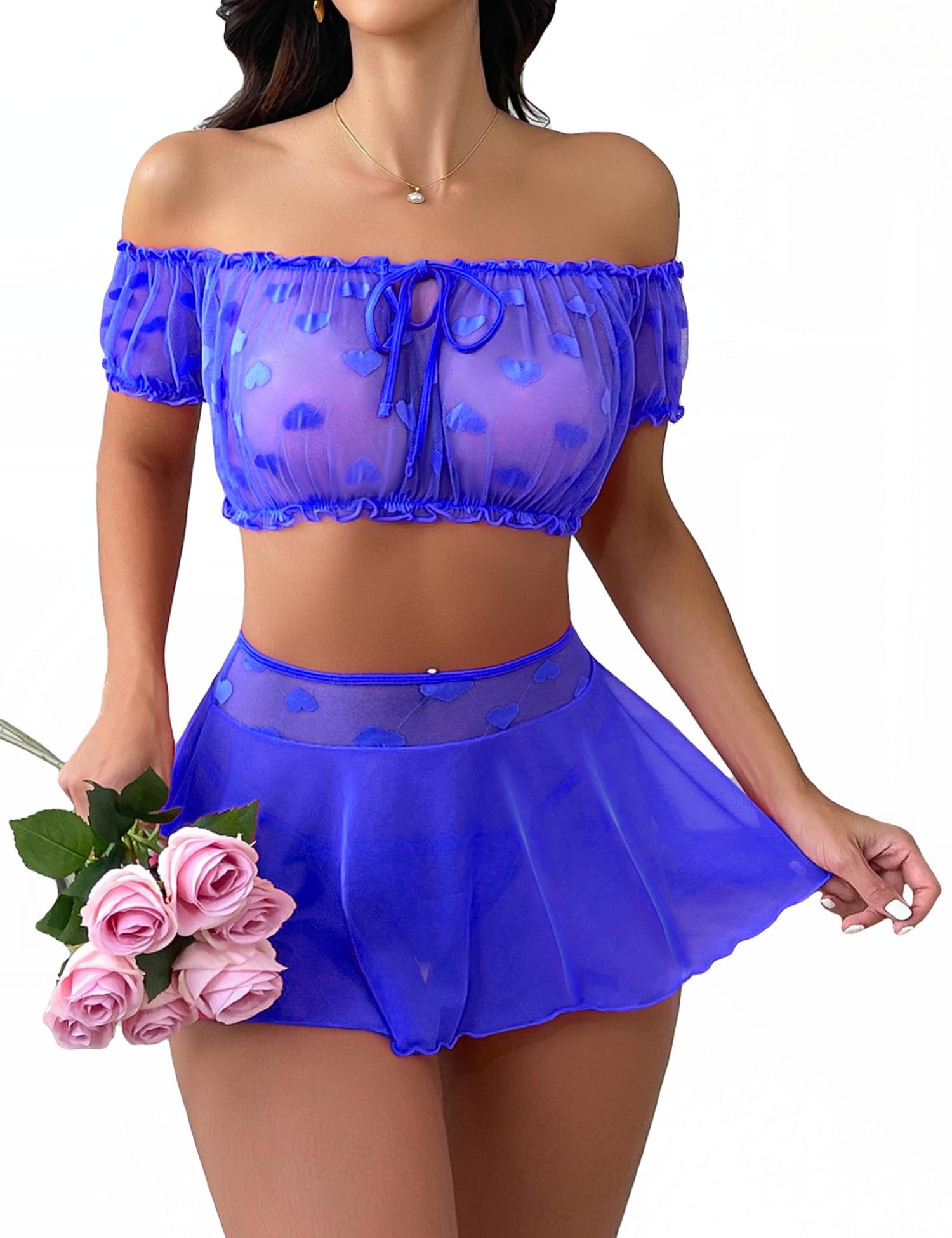 Lingerie Skirt for Women Sexy Mini Skirt Set Sheer Babydoll Lingerie Dress Mesh Bralette Bra and Panty: Medium Blue