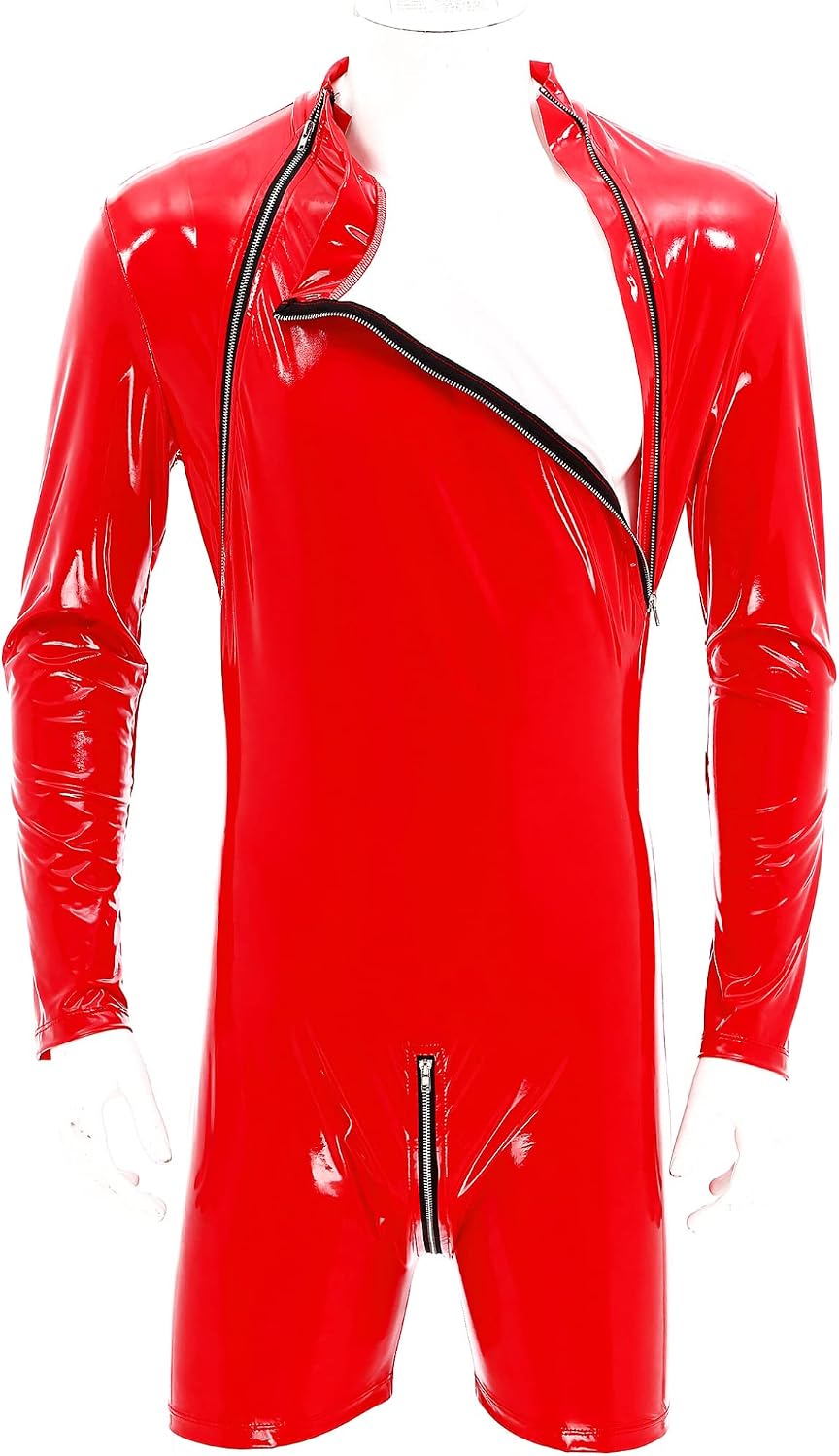 Men's Wetlook Leather Bodysuits One Piece boxer shorts Leotard Jumpsuits bodycon Catsuits