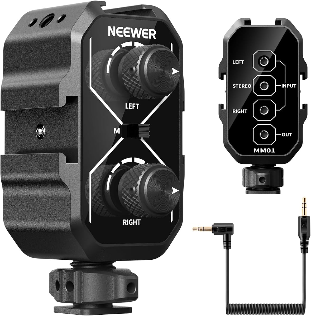NEEWER MM01 Adaptador mezclador de audio para micrófono de doble canal con cable TRS de 3,5 mm, interruptor estéreo/mono, soportes de zapata fría para cámara DSLR, teléfonos inteligentes, micrófonos con batería para grabación de video