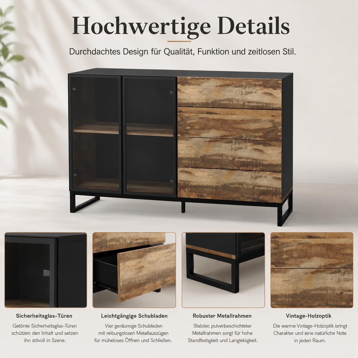 Sideboard Holzoptik-Schwarz 160cm mit LED & Glastür – Kommode mit 4 Schubladen, Push-to-Open & USB-Lichtleiste – Vitrinenschrank mit Metallrahmen für Wohnzimmer, 160×95×41cm