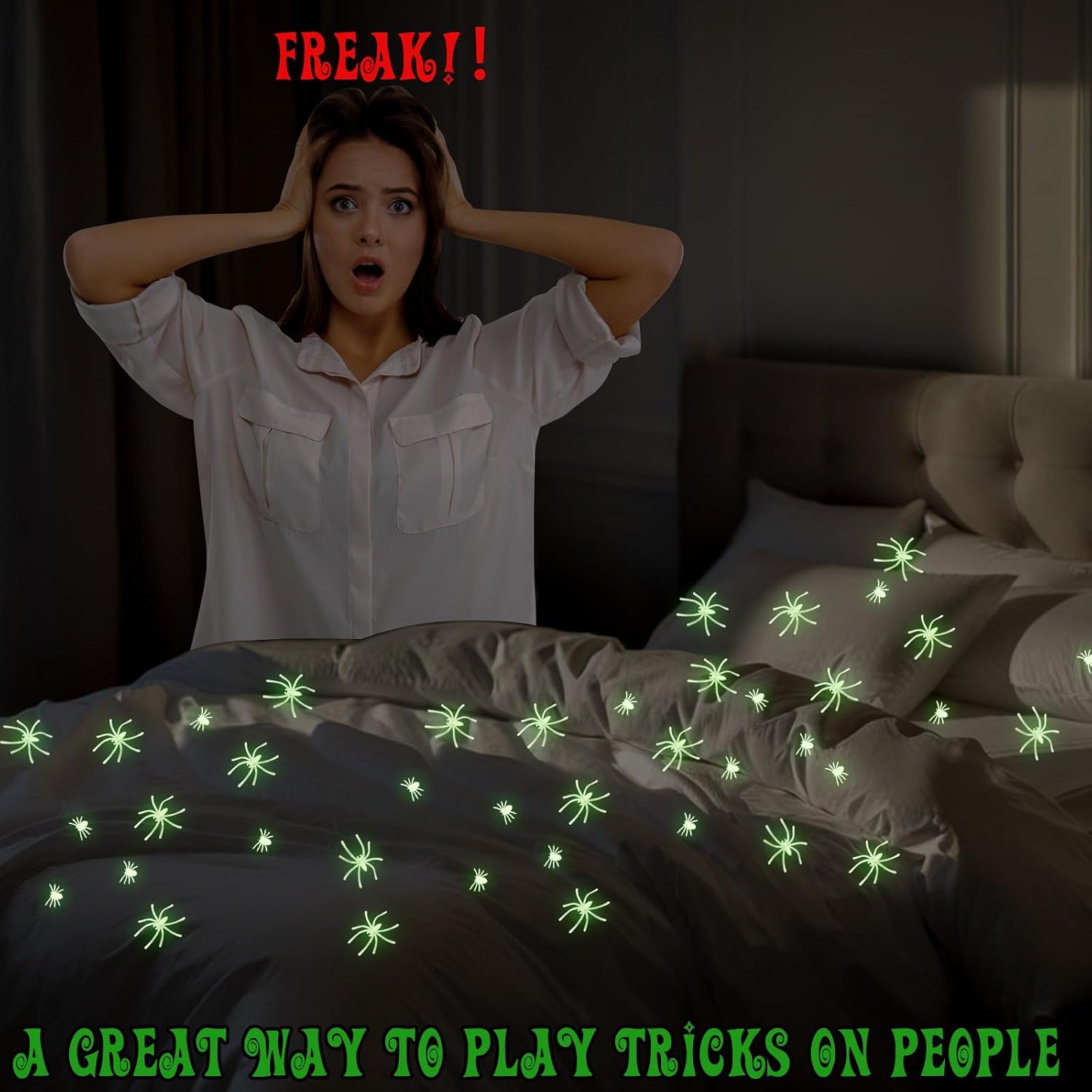 100Pcs Plastic Spider, 2 Sizes Glowing Fake Spider Toys Prank Props Halloween Party Decorations Realistic Funny Small Tiny Halloween Decor Home Green Supplies image 4