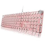 EWEADN Typewriter Style Mechanical Keyboard, Wired Typewriter Keyboards,104 Keys Backlit LED Metal Keyboards, Media Control Knob, Wired Computer Keyboard White Switch for Windows/Mac/PC-Dark Pink