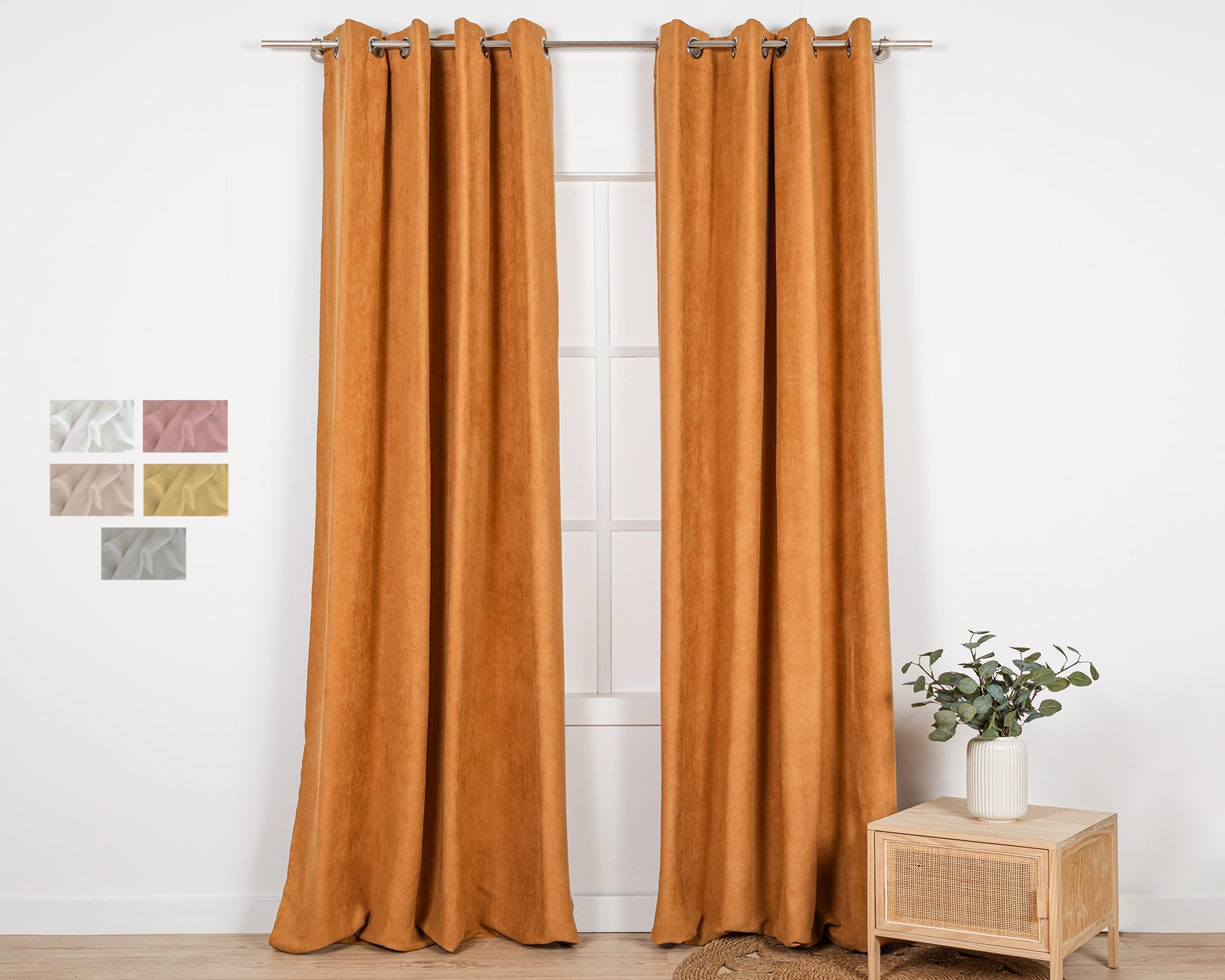 TRAMAS+ Cortinas Opacas de Ante, 1 Pieza de 140x300cm, Cortinas termicas aislantes, Cortinas con Ojales, Cortinas para salón, Dormitorio y Sala de Estar - Ocre