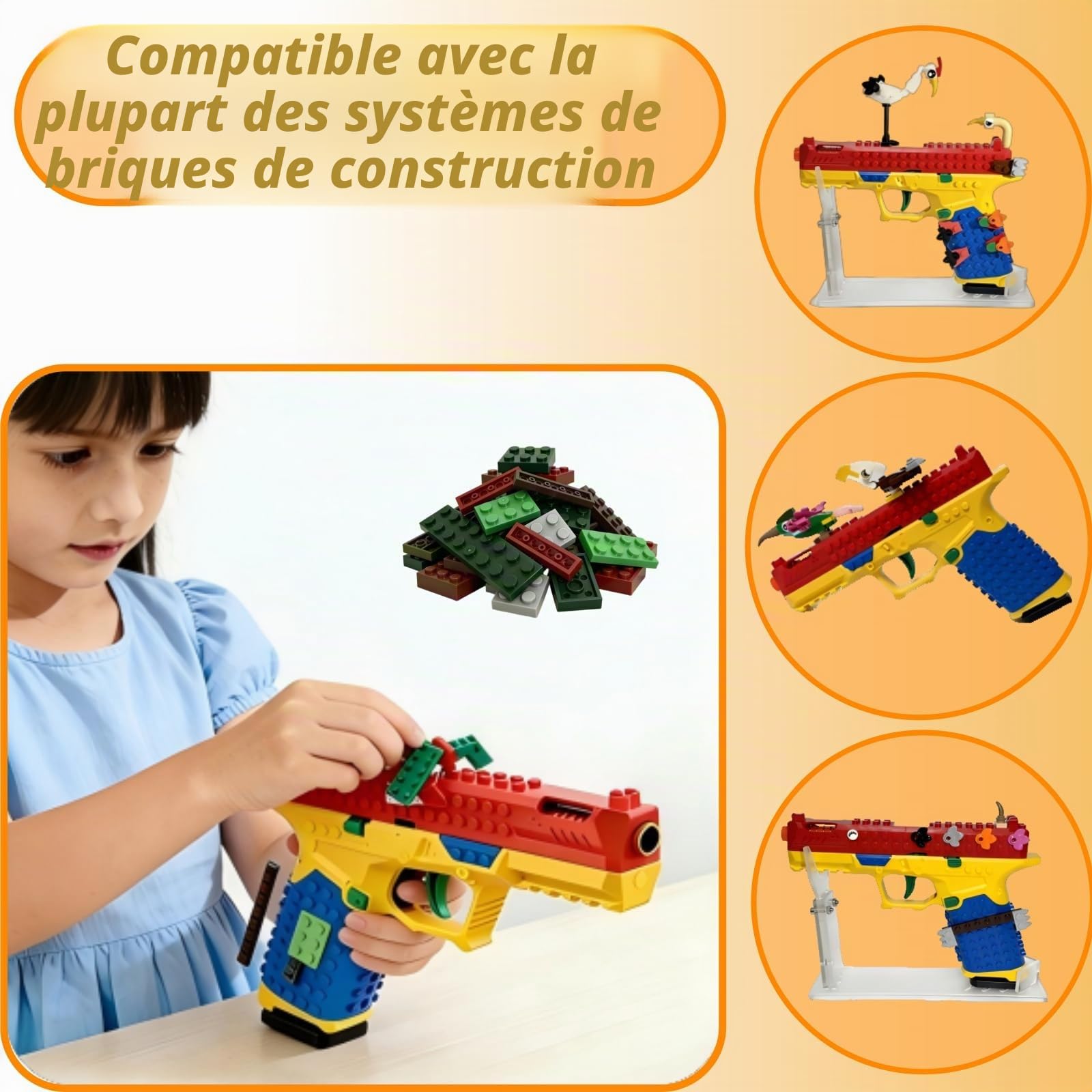 Pistole jouet en blocs de construction, lanceur automatique de cartouches avec amusement pour construire, compatible avec la plupart des systèmes de blocs de construction, inclut des
