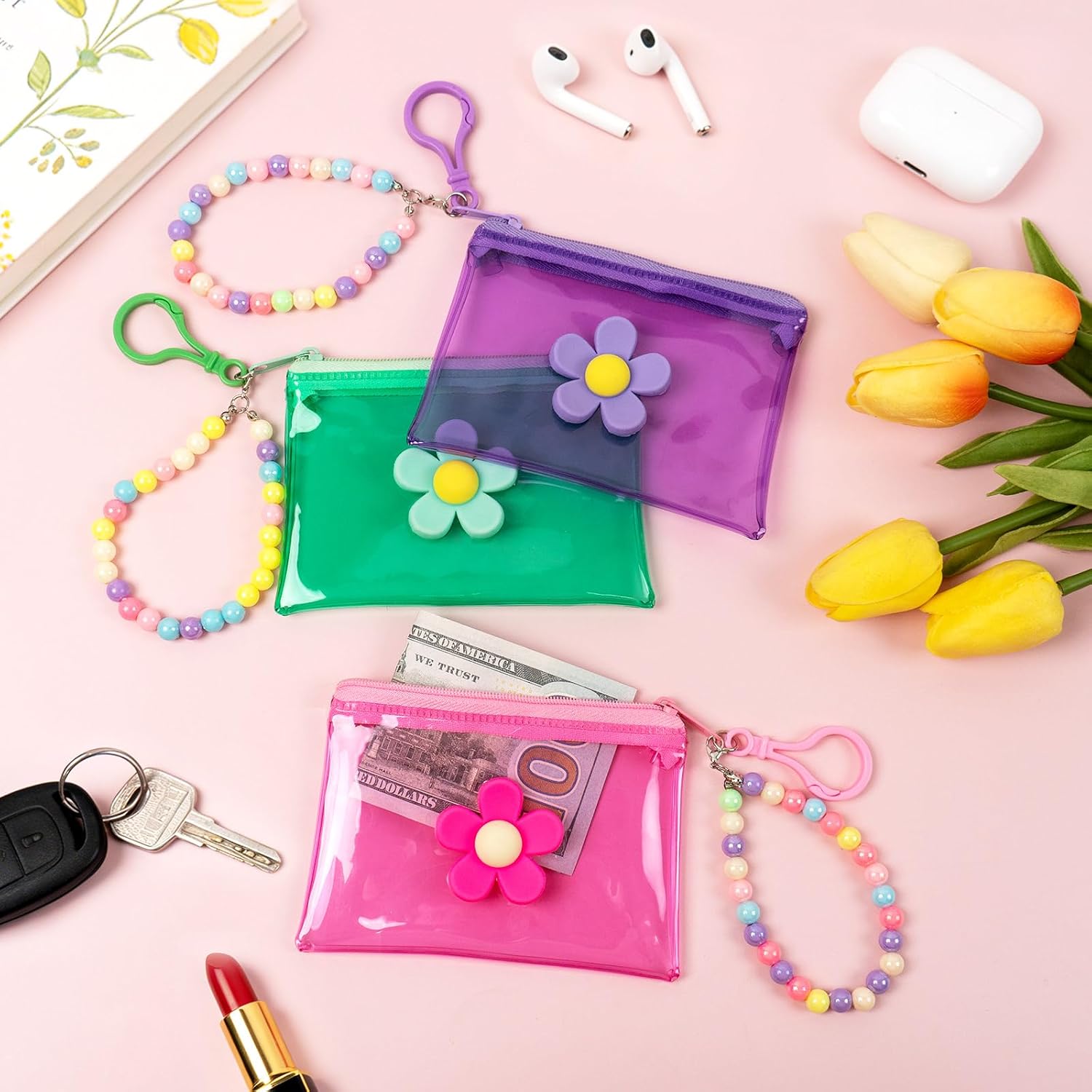 3PCS Cute Small Coin Purse Mini Coin Wallet Clear Credit Card Holder, Durable Change Organizer with Flower Pattern for Cards, Storing Keys, Money (3 Colors)