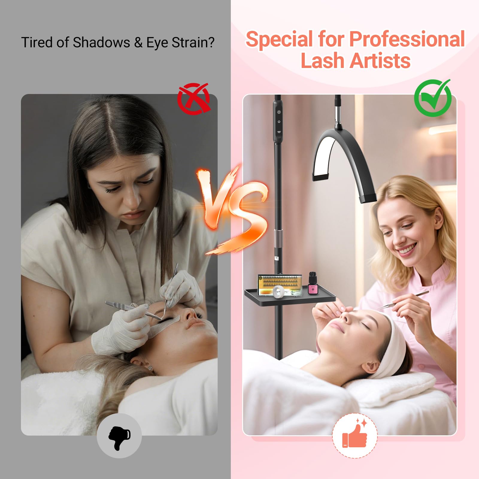 Lampe Extension de Cils Professionnel: 18" Pliable Lampe Demi Lune Onglerie avec 5 Couleurs Intensité Variable & 360° Rotative pour Salon, Domicile, Noir