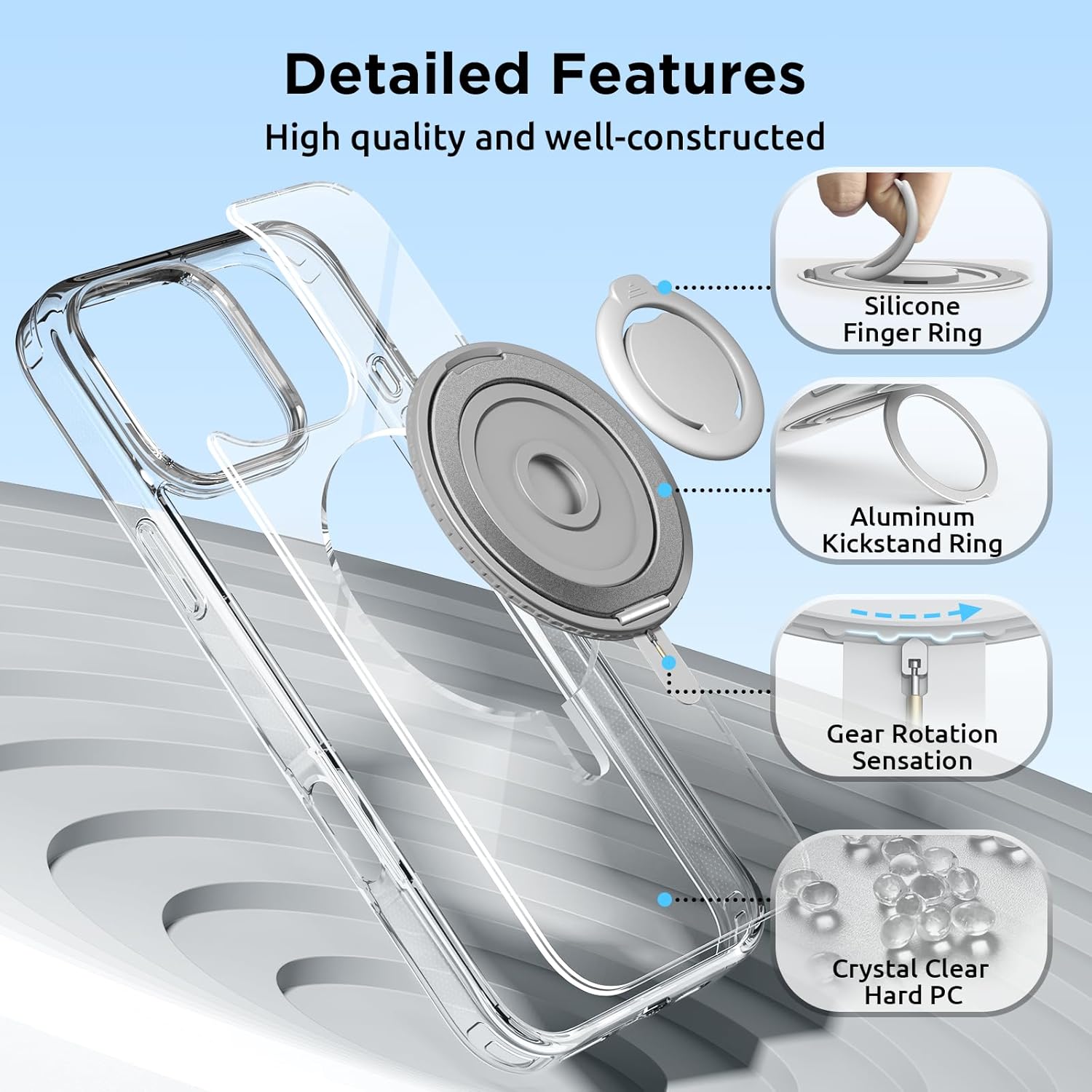 SURPHY 360° Magnetic Stand for iPhone 16 Pro Max Case with Finger Ring, Compatible with MagSafe, Ring Stand and Finger Ring Phone Case for 16 Pro Max 6.9 inch 2024, Clear - Image 5
