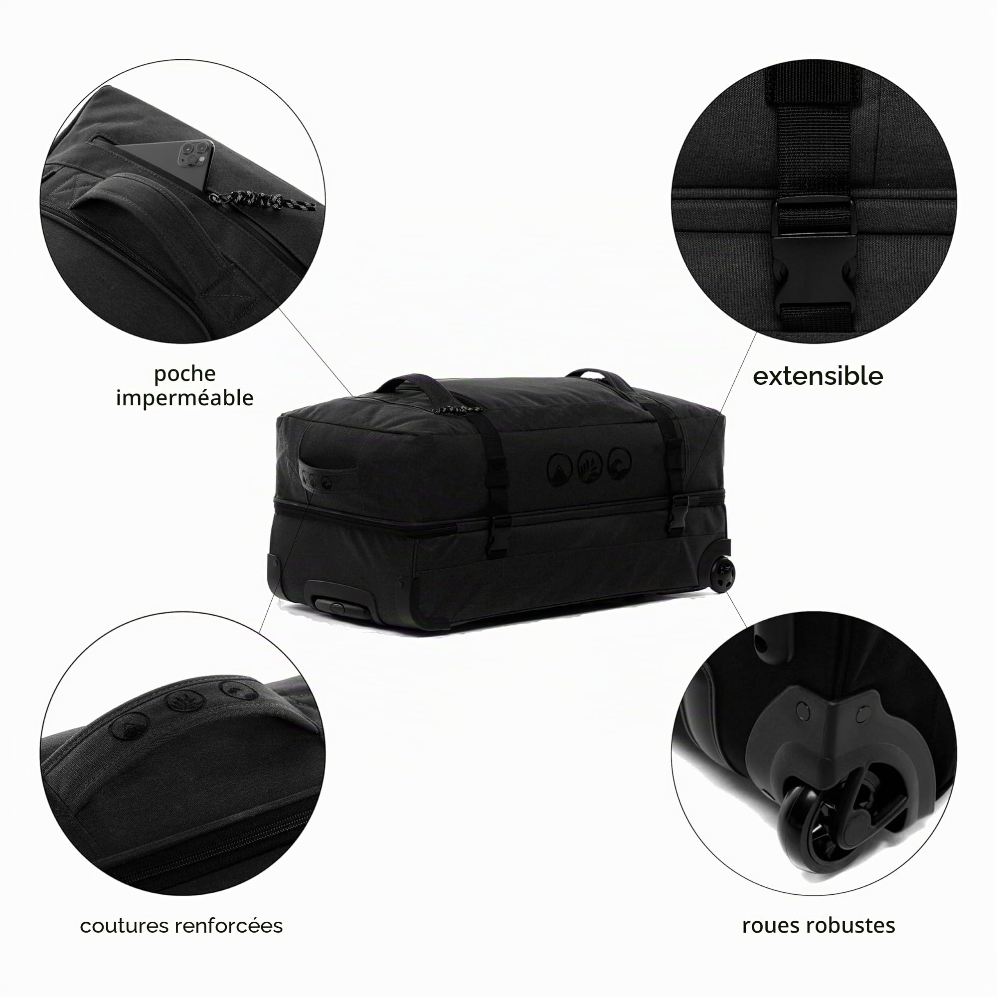 Kane Grand sac de voyage à 2 roulettes 80 cm Valise de sport à roulettes en plastique marin recyclé, XL - 120 l, L, Sac de voyage