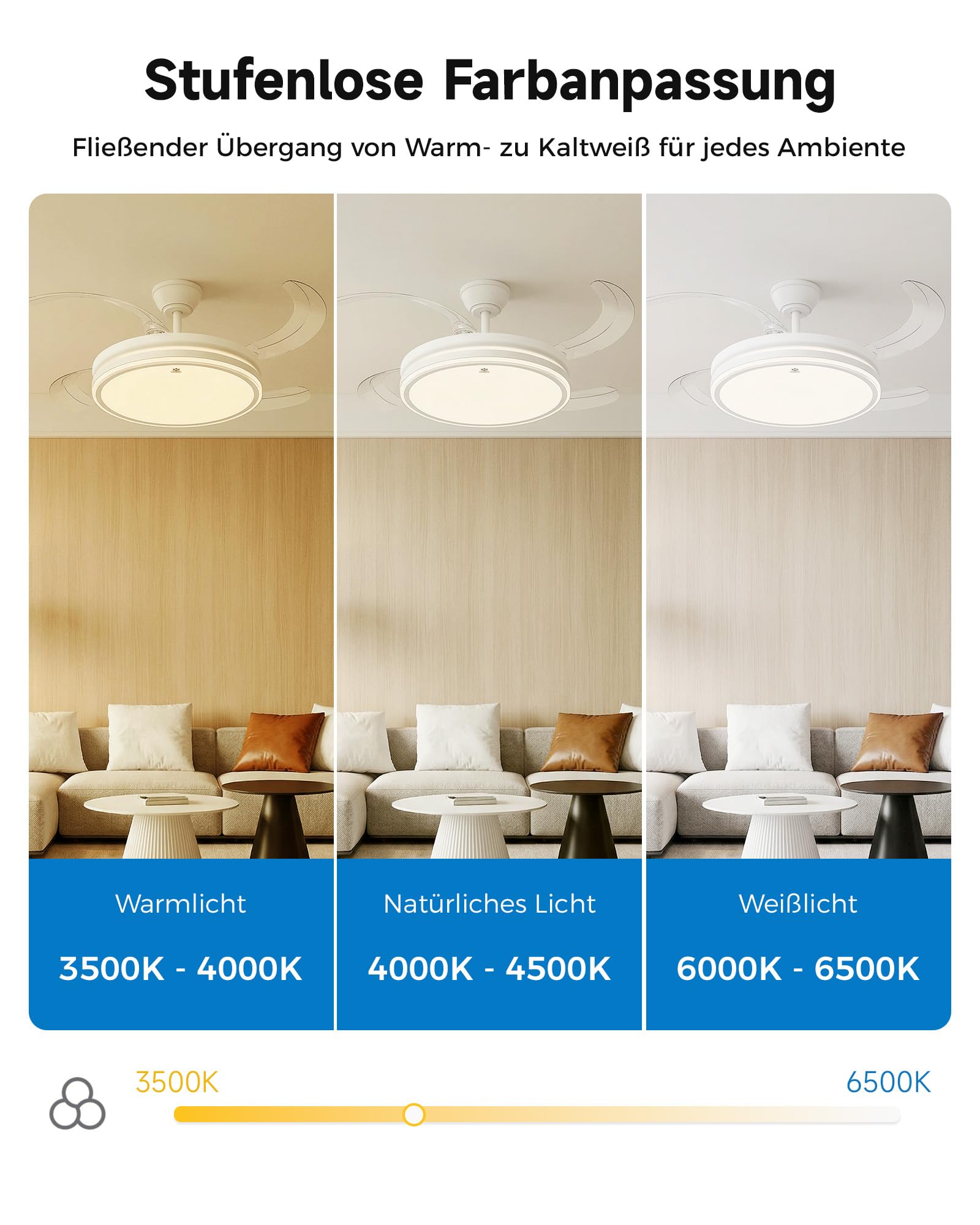 WOOX Deckenventilator mit Beleuchtung 107 cm (42") | 50W LED stufenlos dimmbar (CCT), leiser 30W DC-Motor, 4 ausziehbare Flügel, 6 Stufen, Sommer/Winter-Modus, Fernbedienung