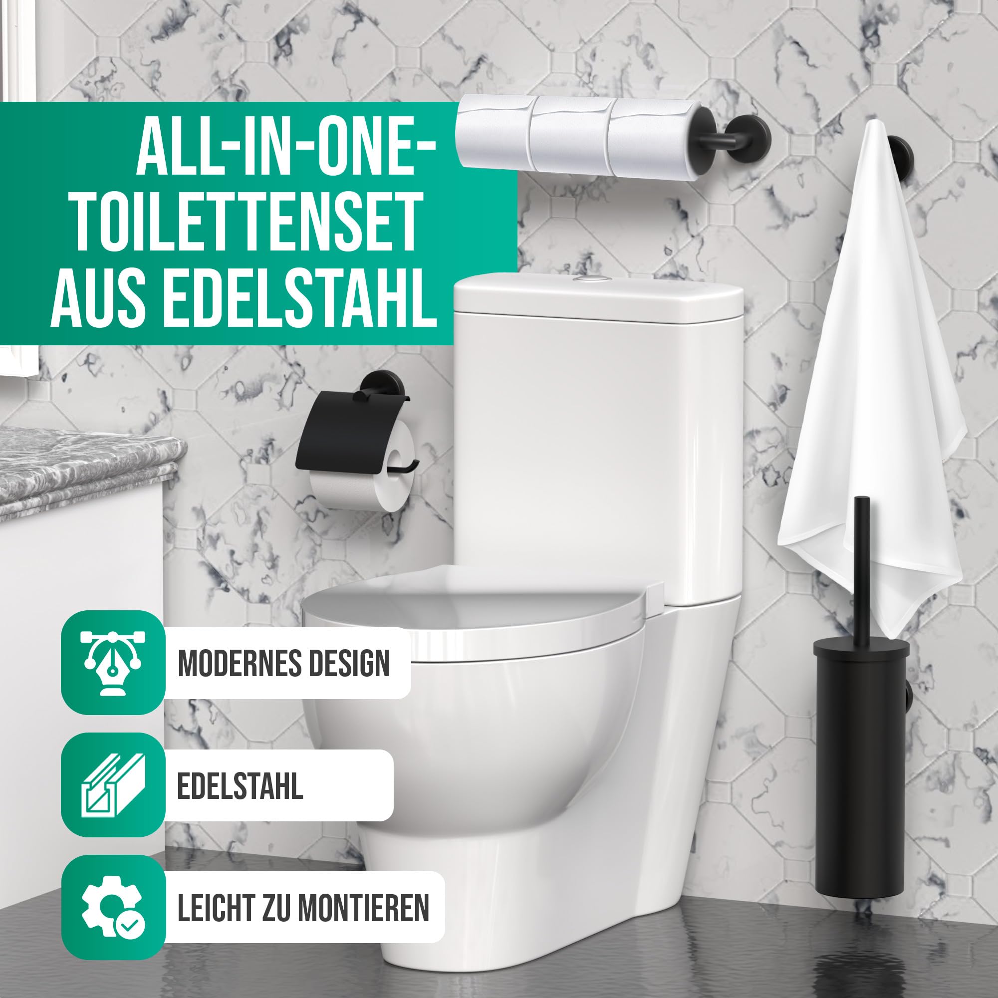 Avalo Toilettenzubehör Set Schwarz 4-teilig - Luxus-Toilettengarnitur - Toilettenbürste mit Halter/Toilettenpapierhalter/Ersatzpapierhalter/Handtuchhaken - inkl. Befestigungsmaterial