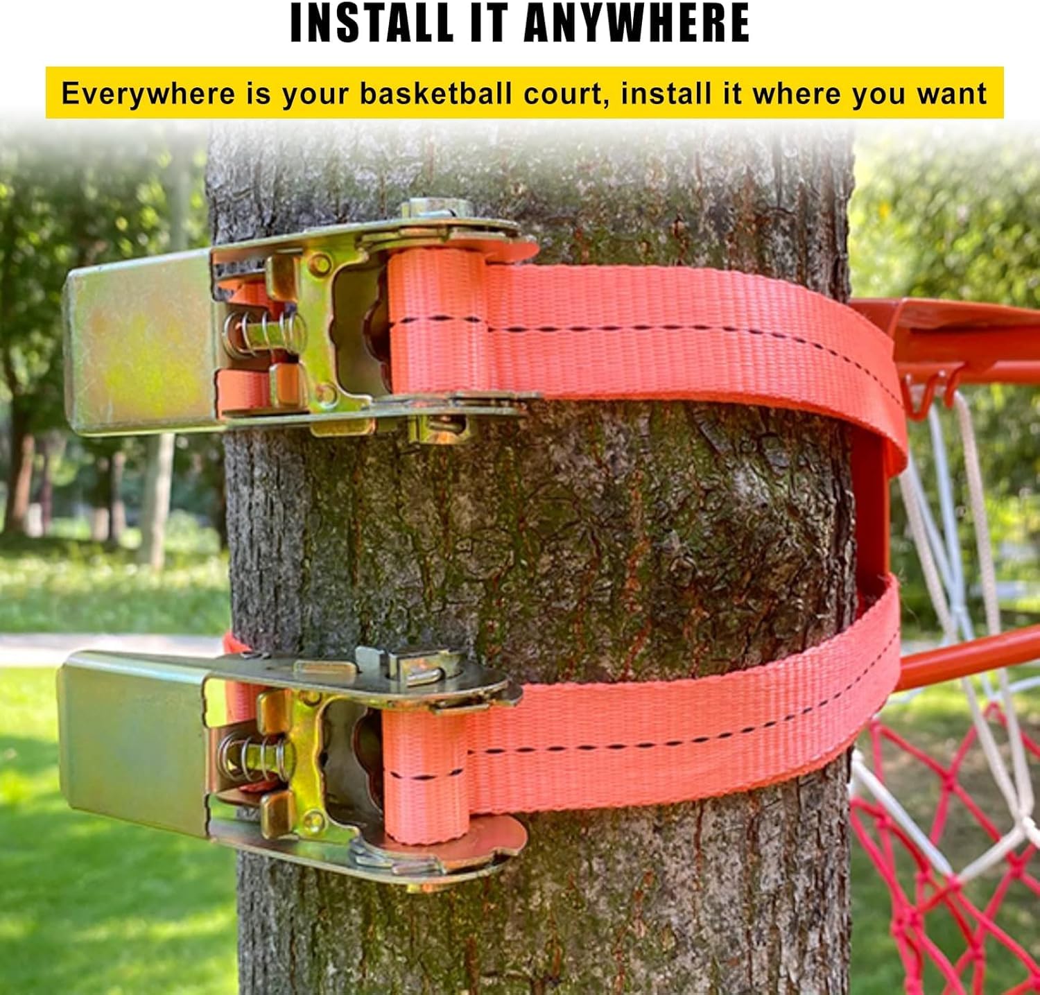 Canasta de baloncesto para montaje en pared, para valla/árbol/postes, canasta de baloncesto profesional, con 2 correas ajustables y red de nailon, montado en la pared.