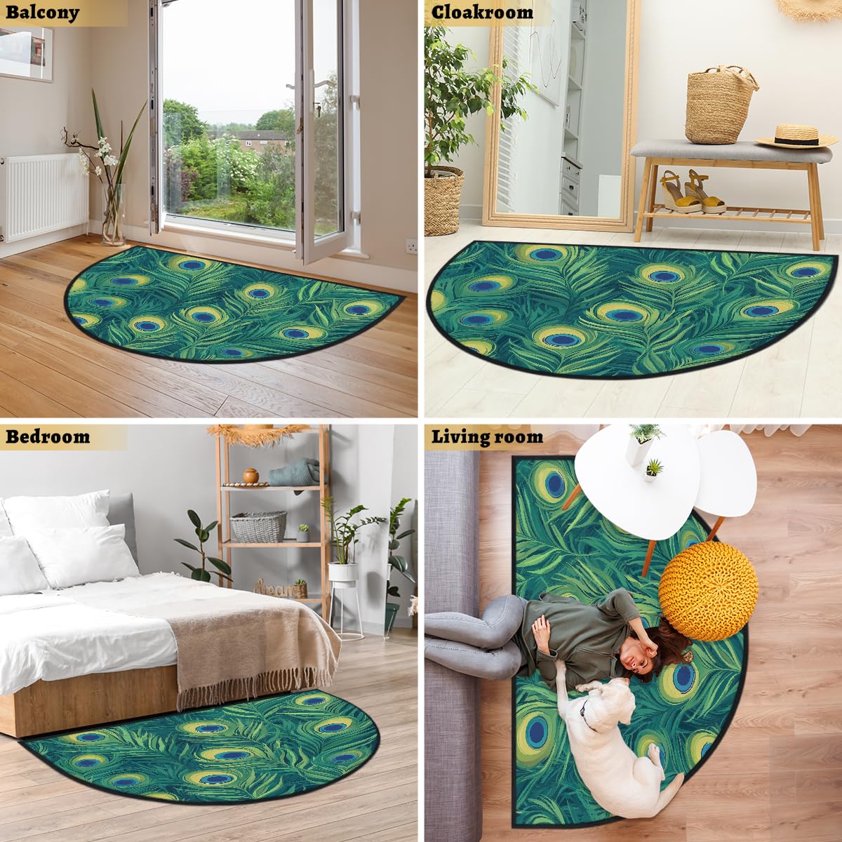 Mexpekil Paillasson demi-lune avec plumes de paon vert pour intérieur et extérieur, antidérapant, lavable, absorbant, anti-saleté, 100 x 160 cm