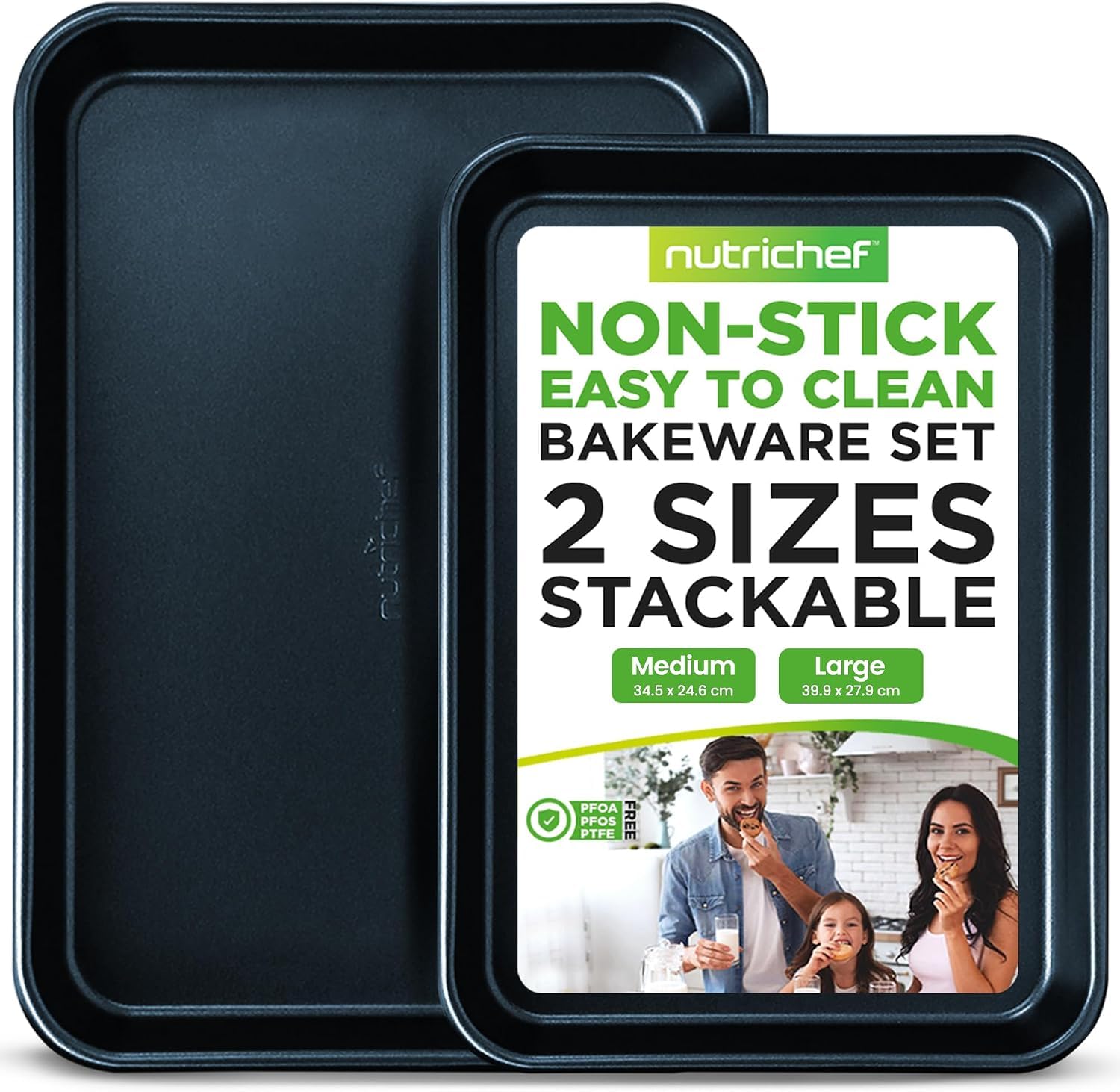 NutriChef Non-Stick Cookie Tray Set- 2-Piece, Easy Clean, Stackable Cookie Sheets, Dishwasher Safe, Oven Safe, PFOA Free, Non-Toxic Bakeware, Perfect for Baking & Roasting- Blue