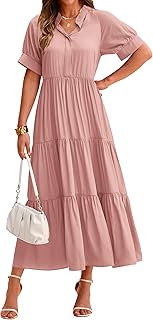 Women's Summer Dresses 2025 Casual Short Sleeve Button Loose Fit Pleated Boho Flowy Swing Long Beach Sun Dress - Buy now