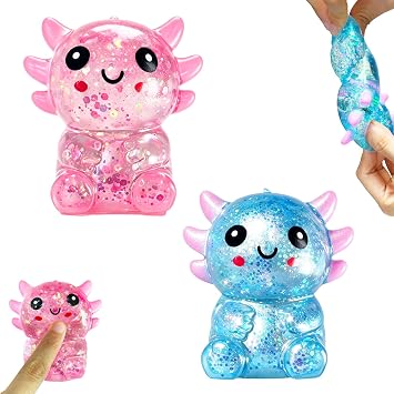 2PCS Glitter Axolotl Squishy, Slow Rising Squeeze Toy, Cute Axolotl Fidget Toy for Stress Relief, Calming Sensory Toy for Kids Adults, Party Favor Gifts Blue+Pink